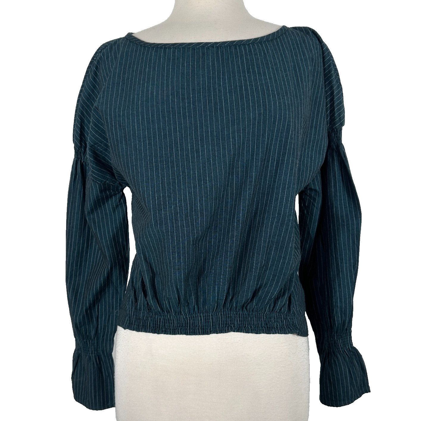 Walter Baker Women’s Sz M Blue Green Pinstriped Flounce Sleeve Top Stretch Waist