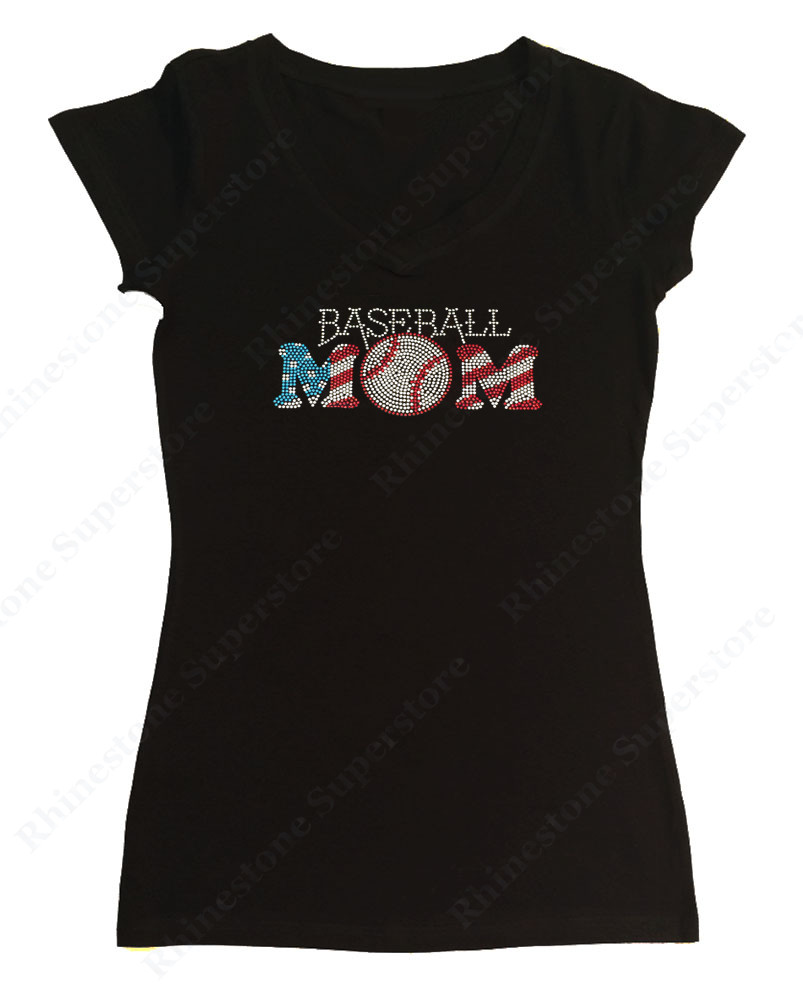 Women’s Rhinestone T-Shirt ” Patriotic Baseball ” in S, M, L, XL, 2X, 3X