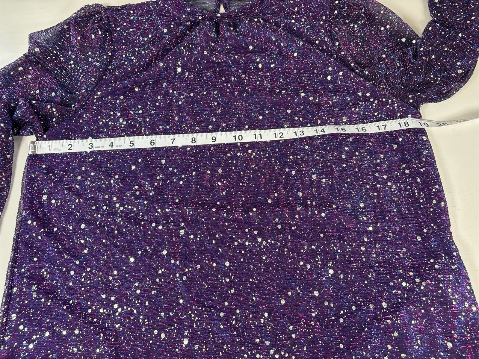 Shein Blouse Sheer Long Sleeves W/Shiny Silver Polka Dot Purple Size 4