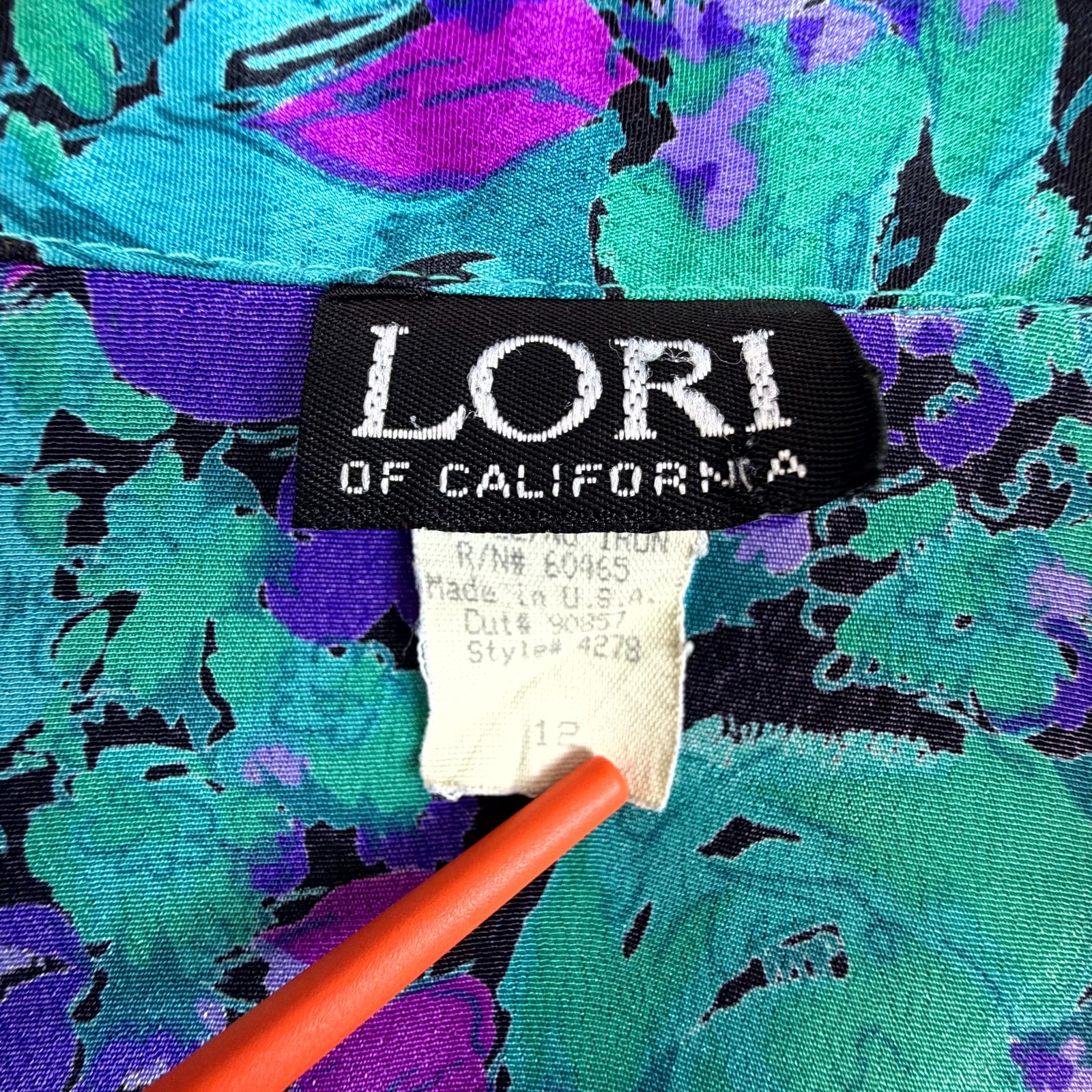 Vintage Lori of California Secretary Blouse Womens 12 Green Purple Office Siren