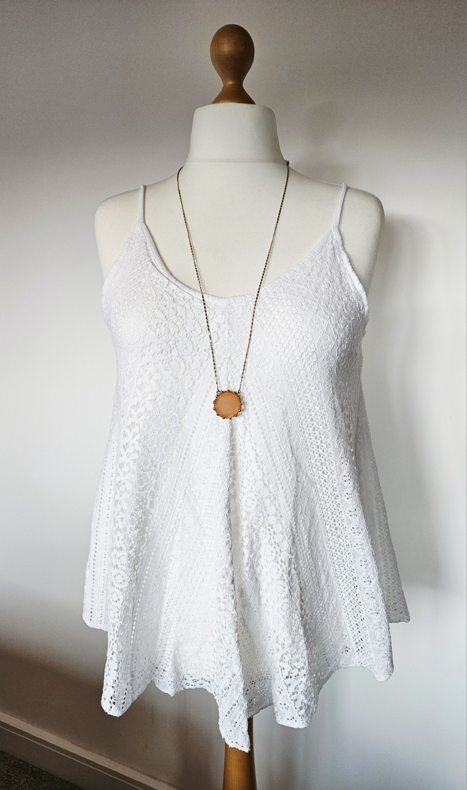 White Crochet Cami Strappy Vest Top Size 12 Lined Boho Festival Summer Baby Doll