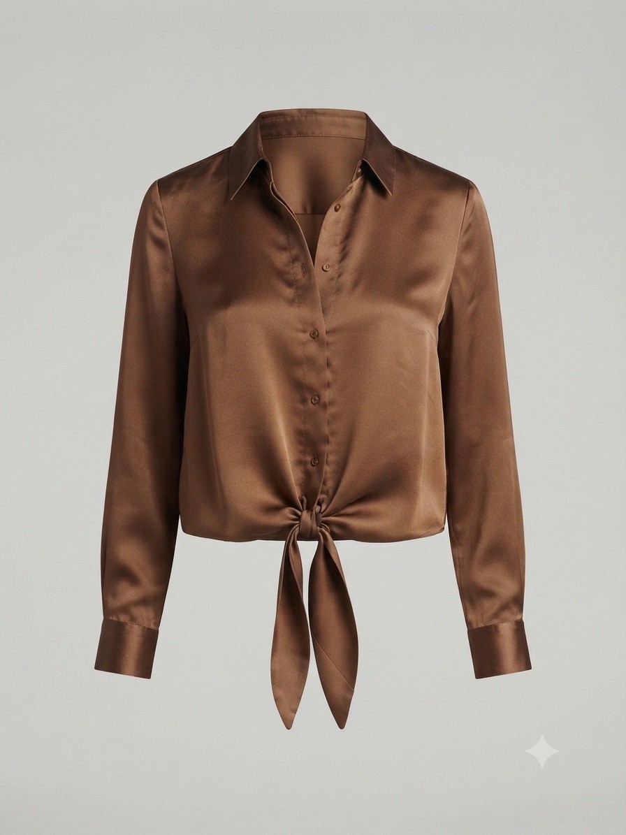 Express Satin Tie-Front Long Sleeve Blouse Bronze Brown Size M
