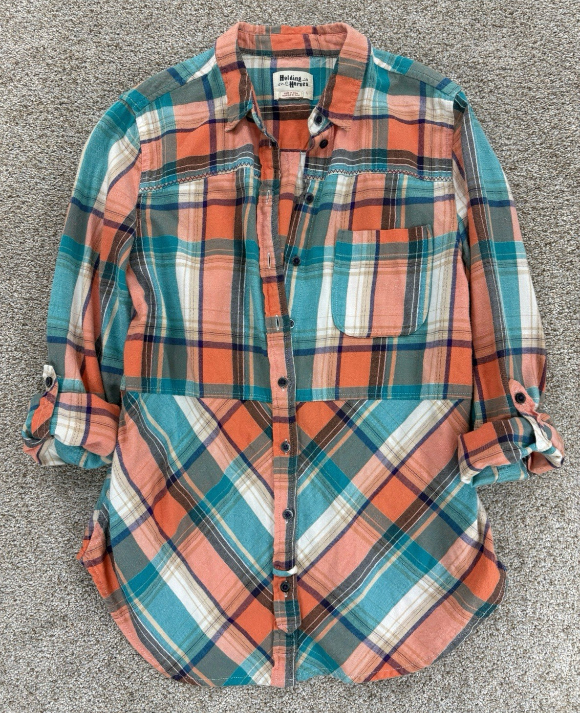 Anthropologie Holding Horses Seamed Plaid Tunic Button Up Size S Cotton Flannel