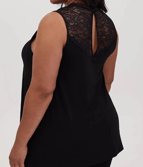 Torrid Plus Size 2 Black Lace Mock Neck Tank Top Sharkbite Hem Rayon Blouse.