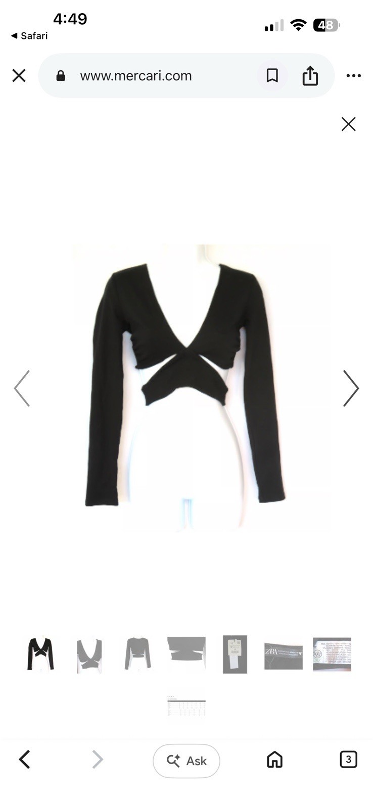 New ZARA Black Stretchy Long Sleeve V Neck Crop Top w/ Side Cutout Women Sz M