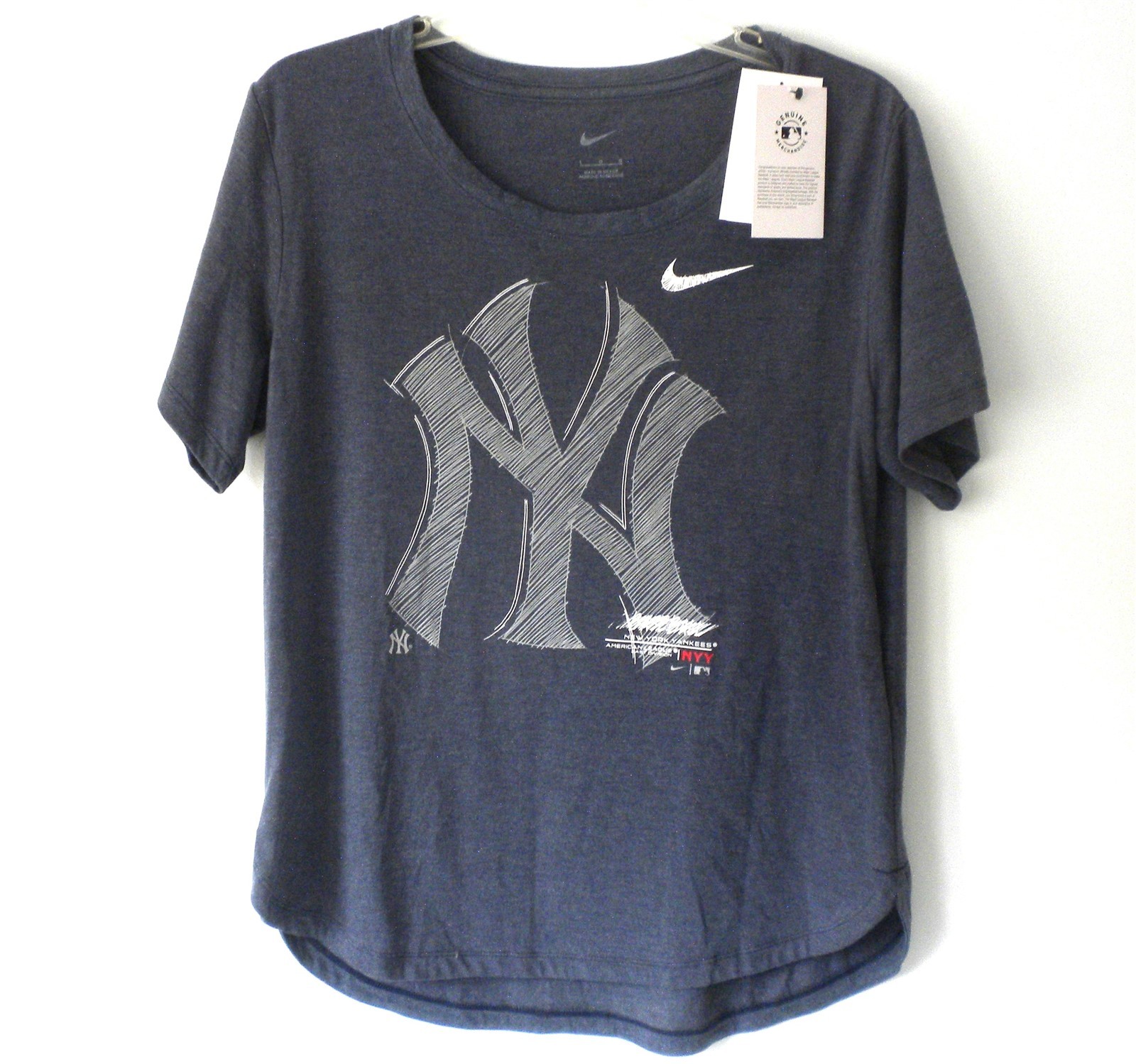 WOMENS MLB NIKE DRI-FIT POLYCOTTON NAVY BLUE WHITE SHORT SLEEVE YANKEES TSHIRT L