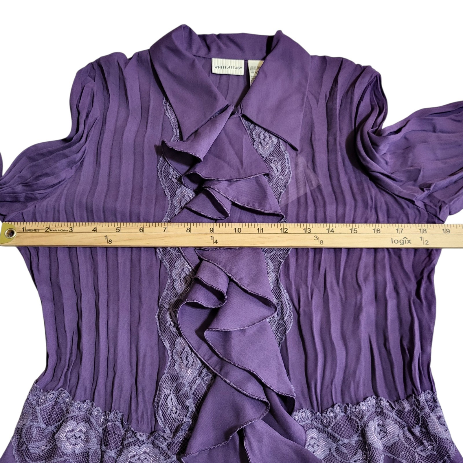 Vintage Blouse Sz S Purple Ruffle Lace Pleated Bell Sleeve Romantic Fairy Goth