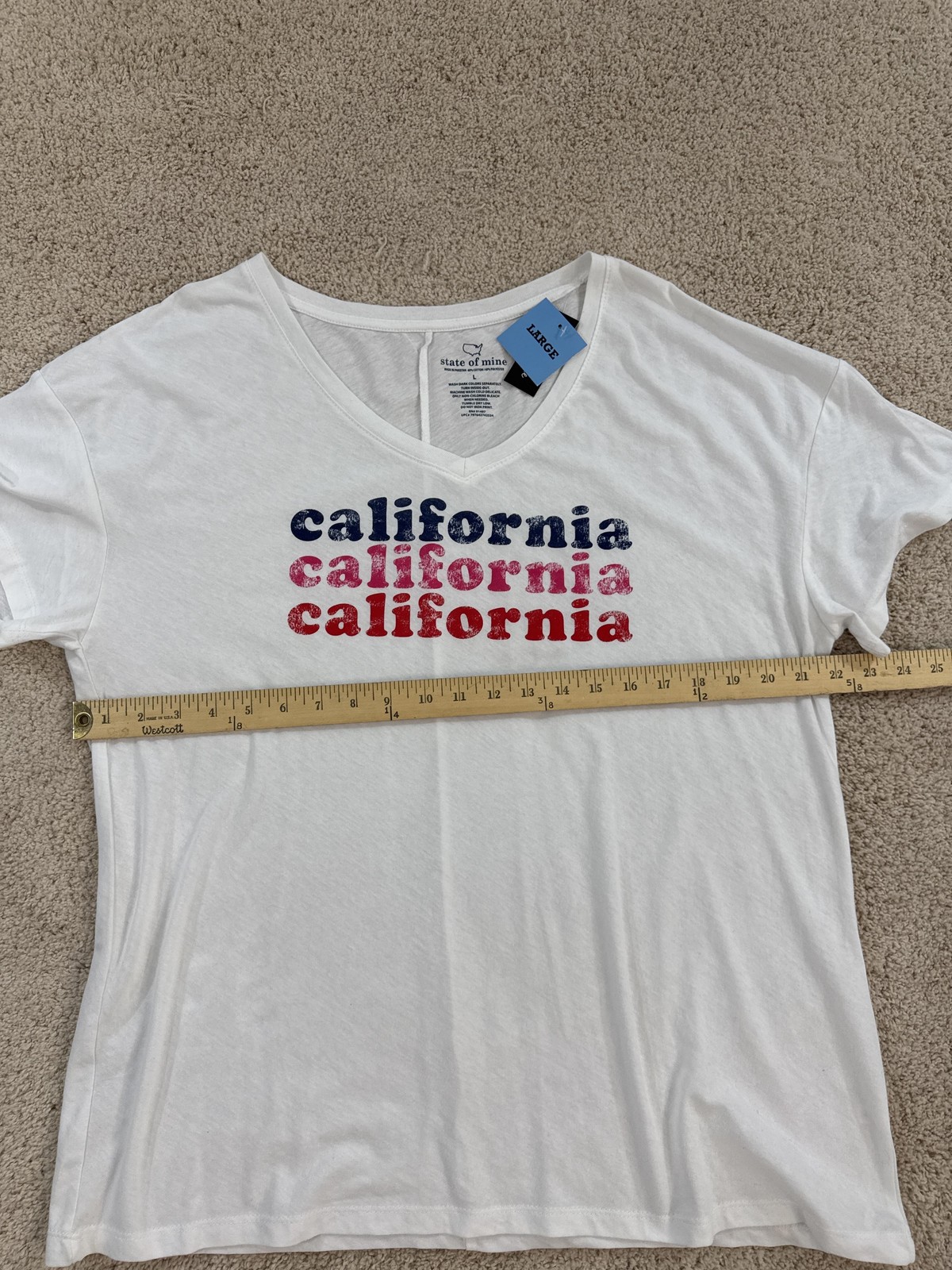 State Of Mine Shirt Womens Sz L White California Graphic V Neck Tee Casual Sheer