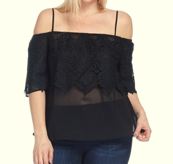 C.O.C. Tiered Crochet Lace Off the Shoulder Top Blouse Black Plus 1XL 2XL 3XL