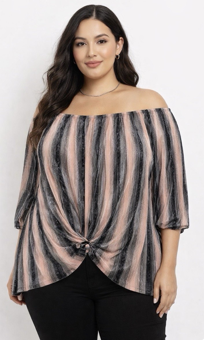 Off Shoulder Shirt Shimmer Striped Front Knot Black Pink Silver Women’s XL