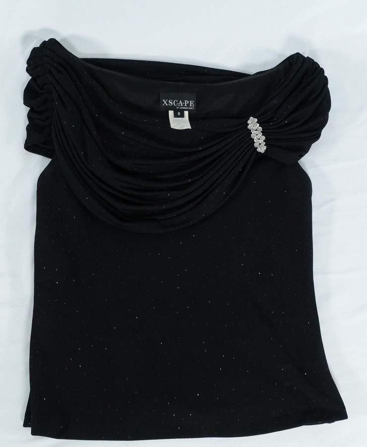 XSCAPE Top Womens Small Off Shoulder Draped Glitter Beaded Rhinestone Elegant