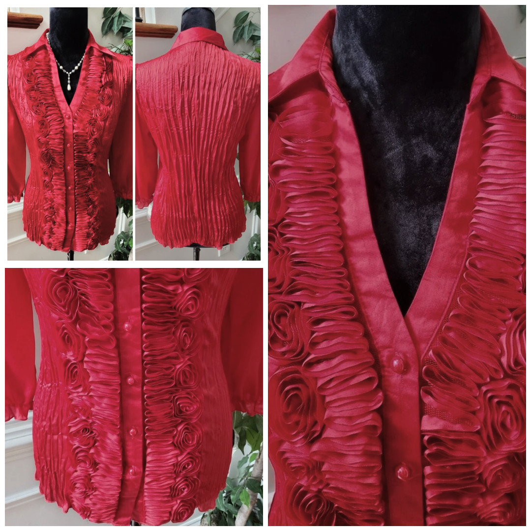 Y2k Dress barn Red blouse M Button Crinkly Satin Raised 3D Flowers Vamp Romantic
