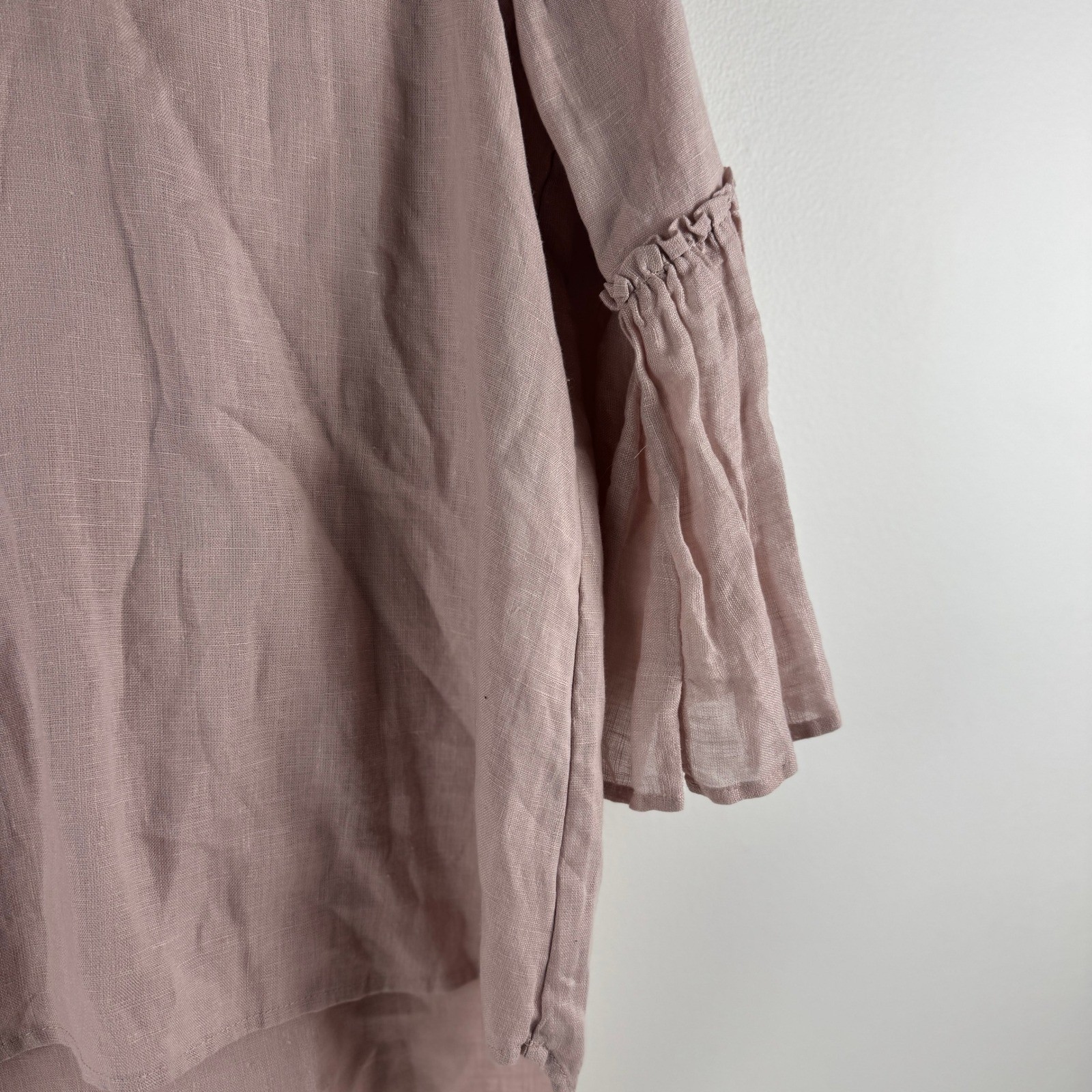 Crown Linen Designs Maya Top Dusty Pink 100% Linen Bell Sleeve V-Neck M