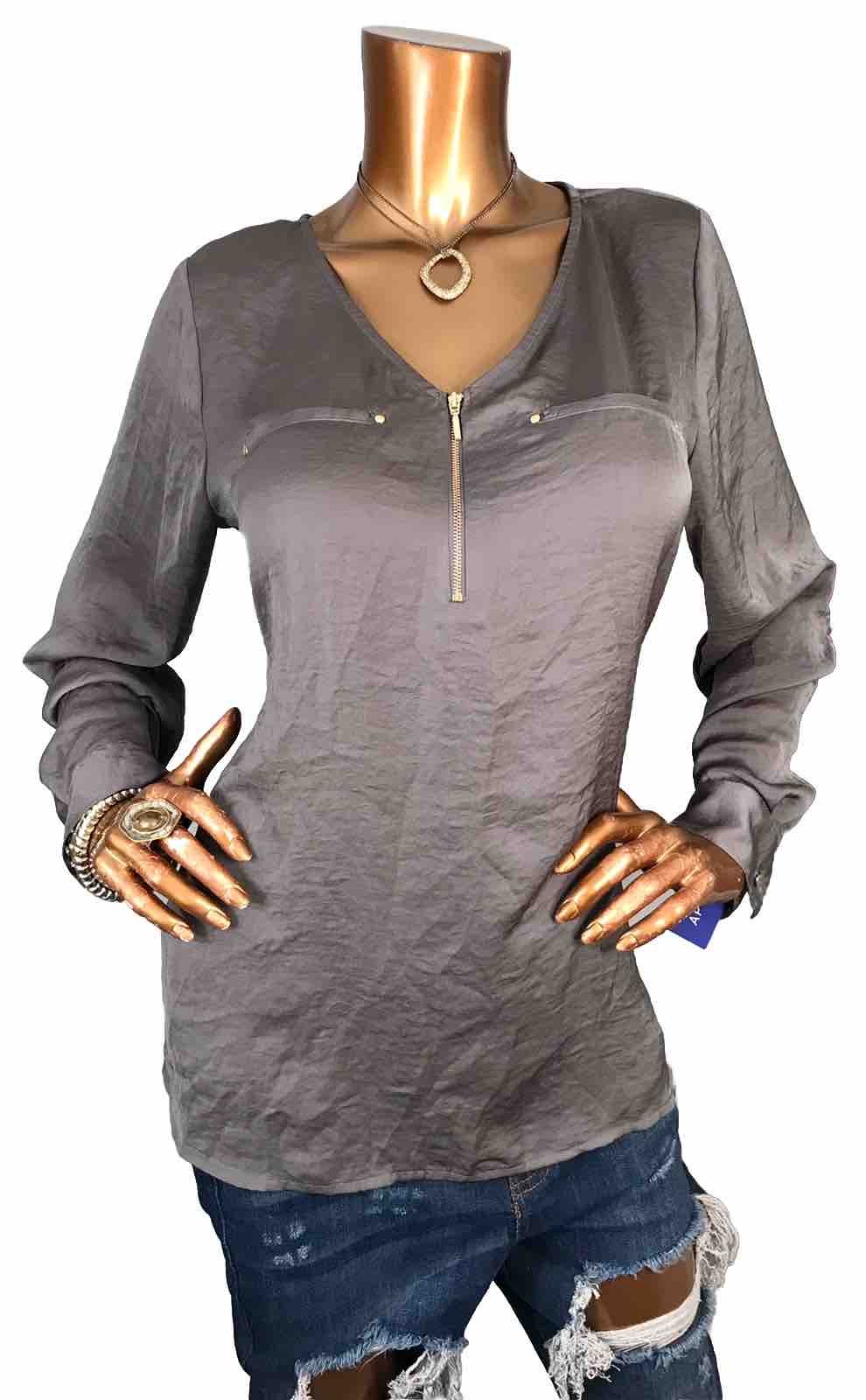 Apt.9 L Top Gray Soft Silky Satin 1/2 Zip Up Blouse Shirt Long Sleeves Low V Cut