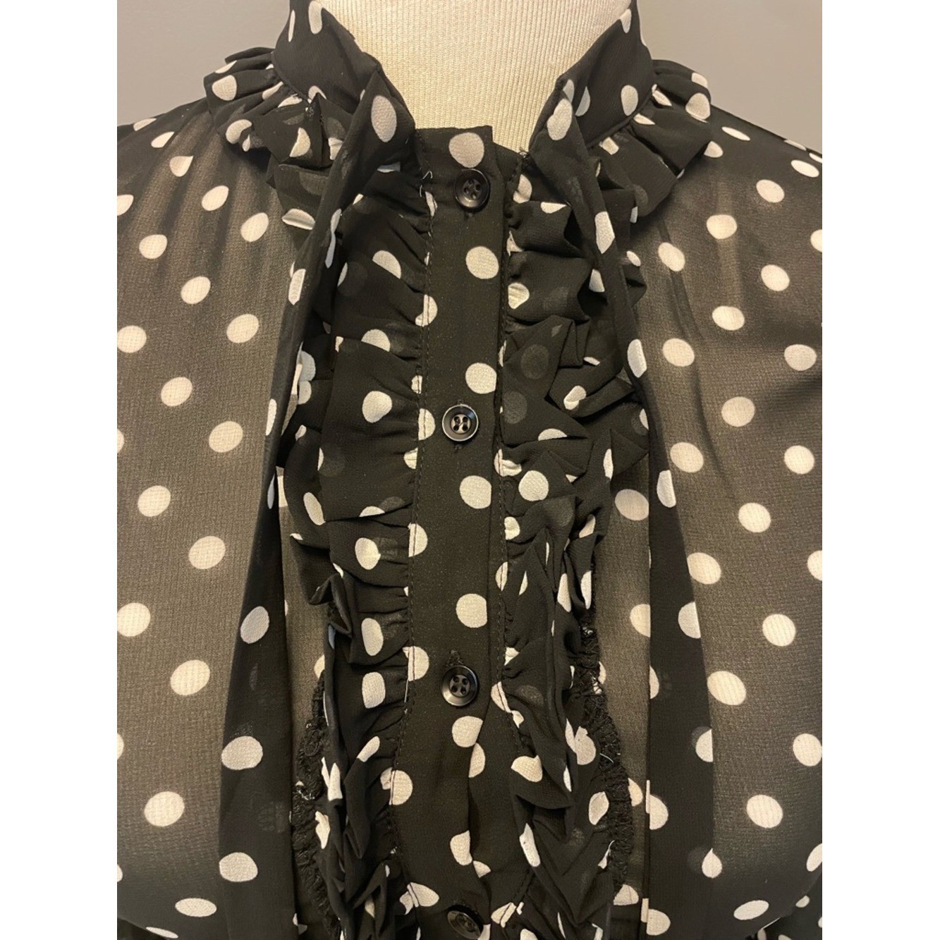 Fashion Nova Black and White Polka Dot Ruffle Tie-Neck Blouse