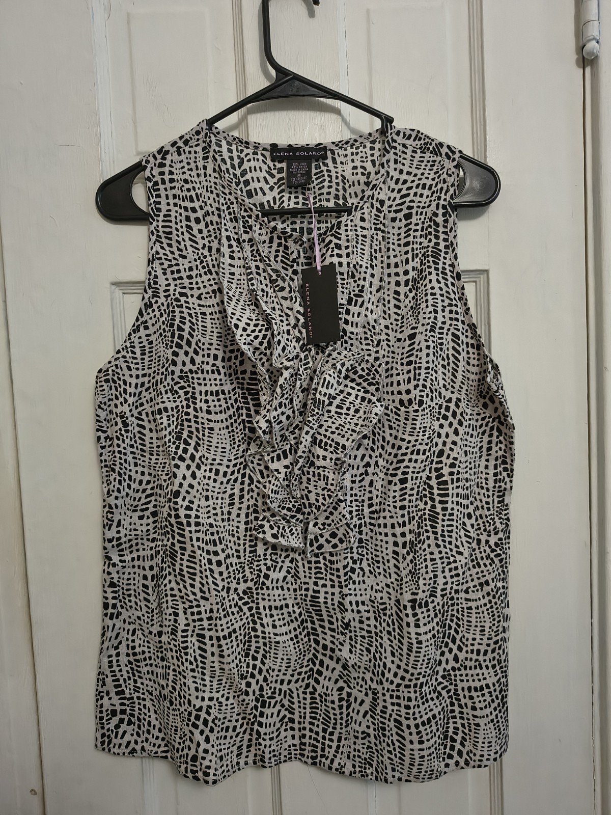 NWT Elena Solano Blouse M Linen Blend Ruffle Sleeveless Geo Work Office Top J