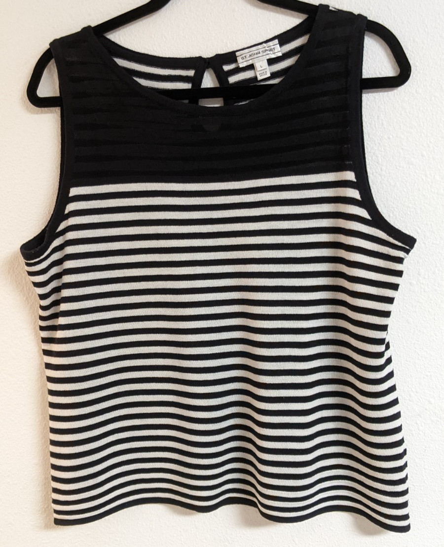 ST. JOHN Sport Black & White Striped Sleeveless Wool/Rayon Blend Knit Top LG