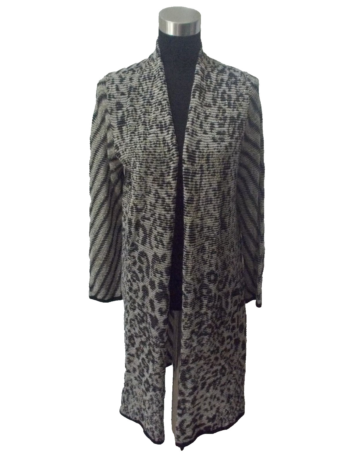 CHICO’S Taupe Black w/ Gold Animal Print Duster Length Open Front Cardigan Sz 1