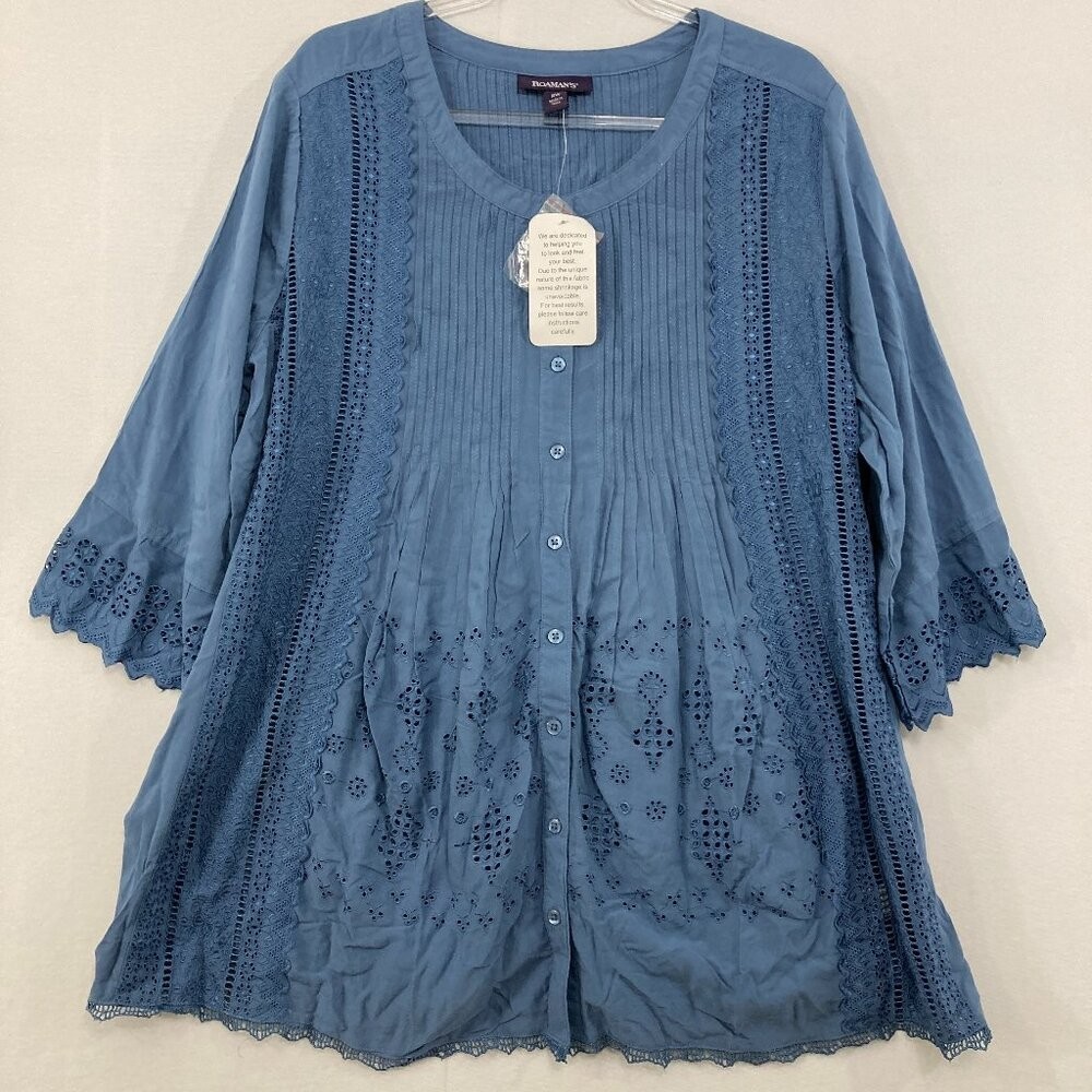 New Roaman’s size 18W Blue Embroidered Pintuck 3/4 Sleeve Boho Button Down