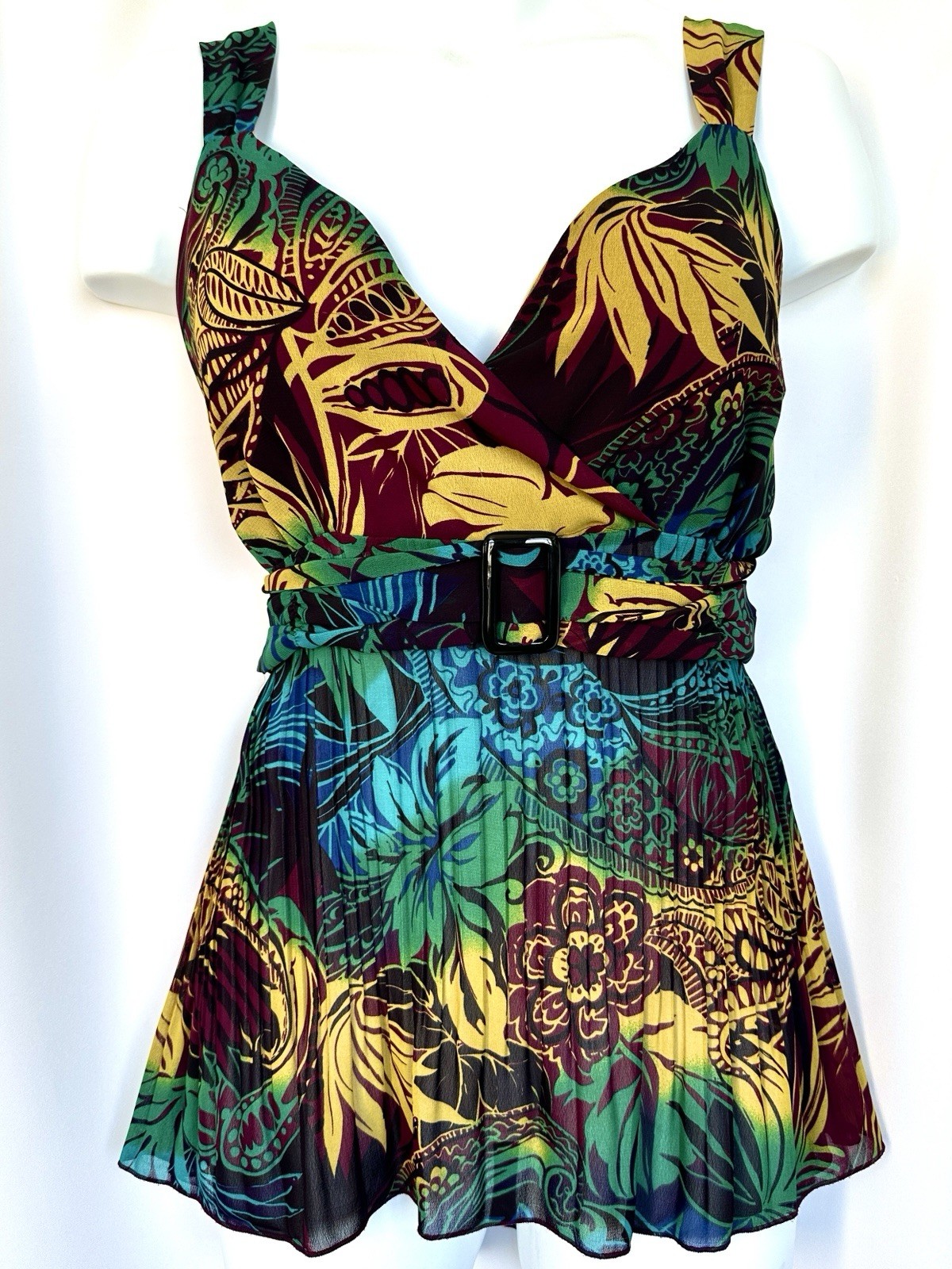 VTG Y2K DARK FLORAL PAISLEY FLOWY MIRCRO PLEAT BUCKLE BABYDOLL GOING OUT TOP XL