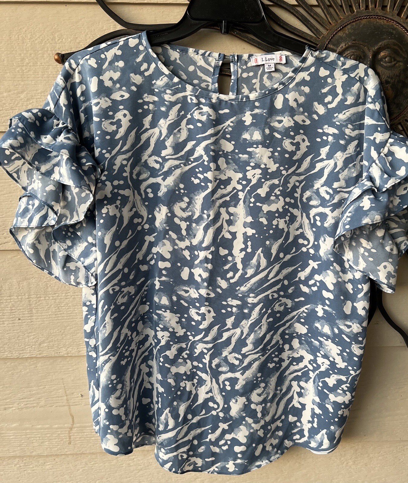 L Love Blue Blouse With Ruffled Sleeves, Medium, Button In Back