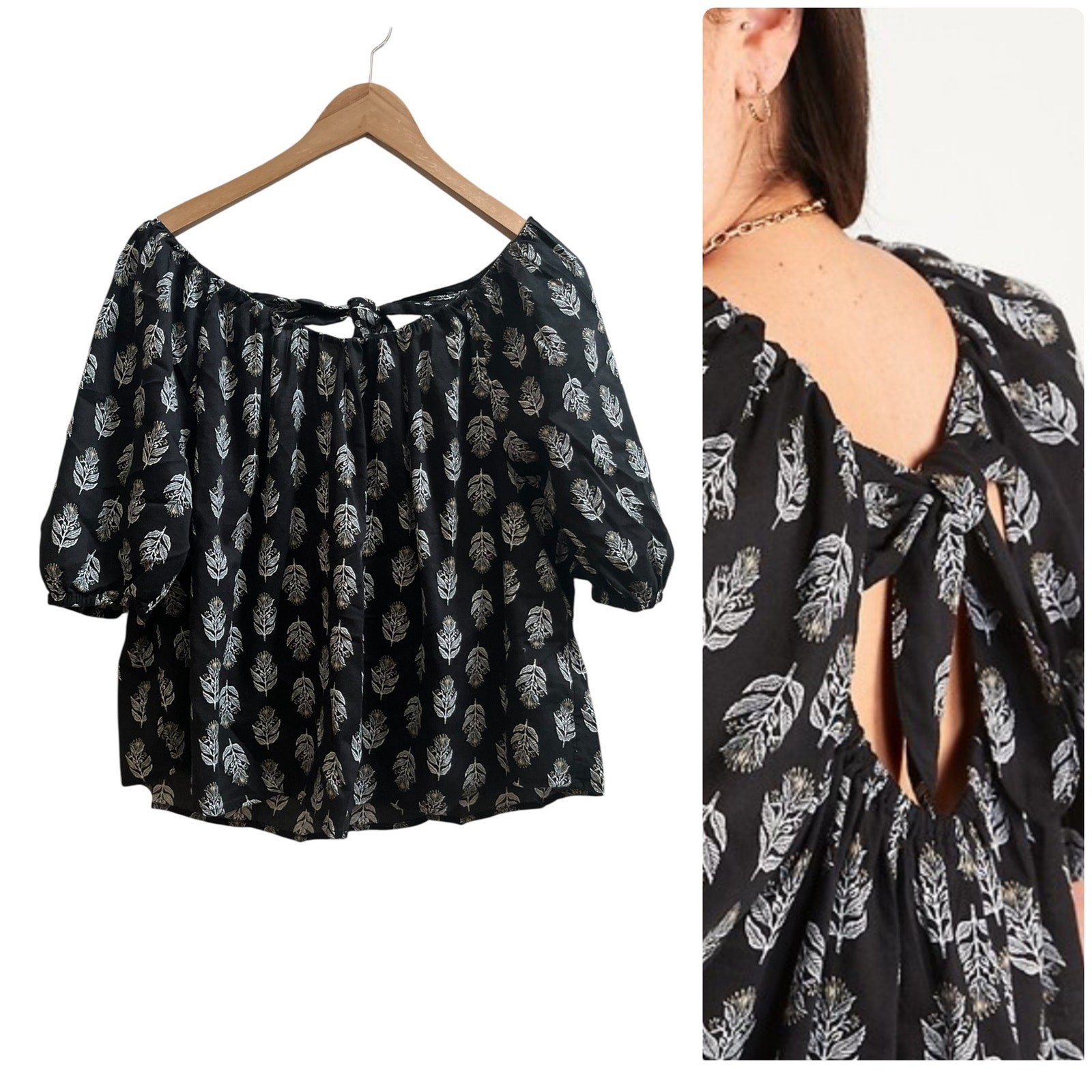Old Navy Black White Floral Puff Sleeves Cutout Tie Back Swing Blouse Large Boho