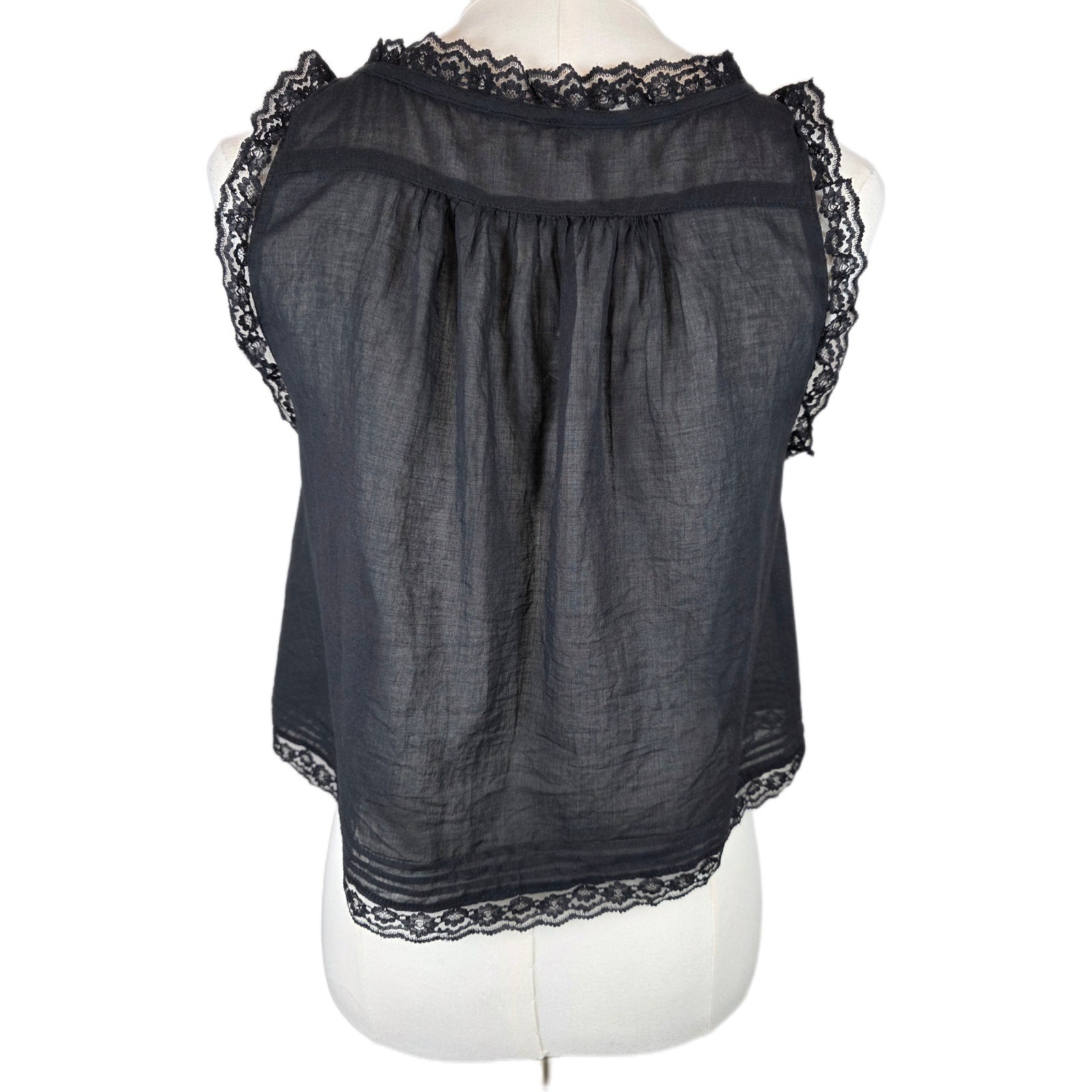 Free People XS Black Oversized Cotton Cami w/Lace Trim & Button/Tie Front