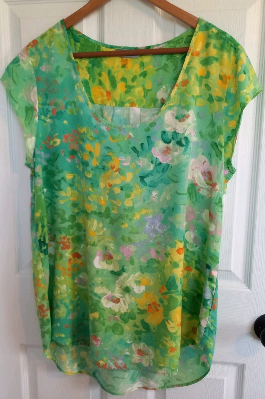 Women’s Jams World Green Watercolor Floral Blouse Cap Sleeves XL Made In Hawaii