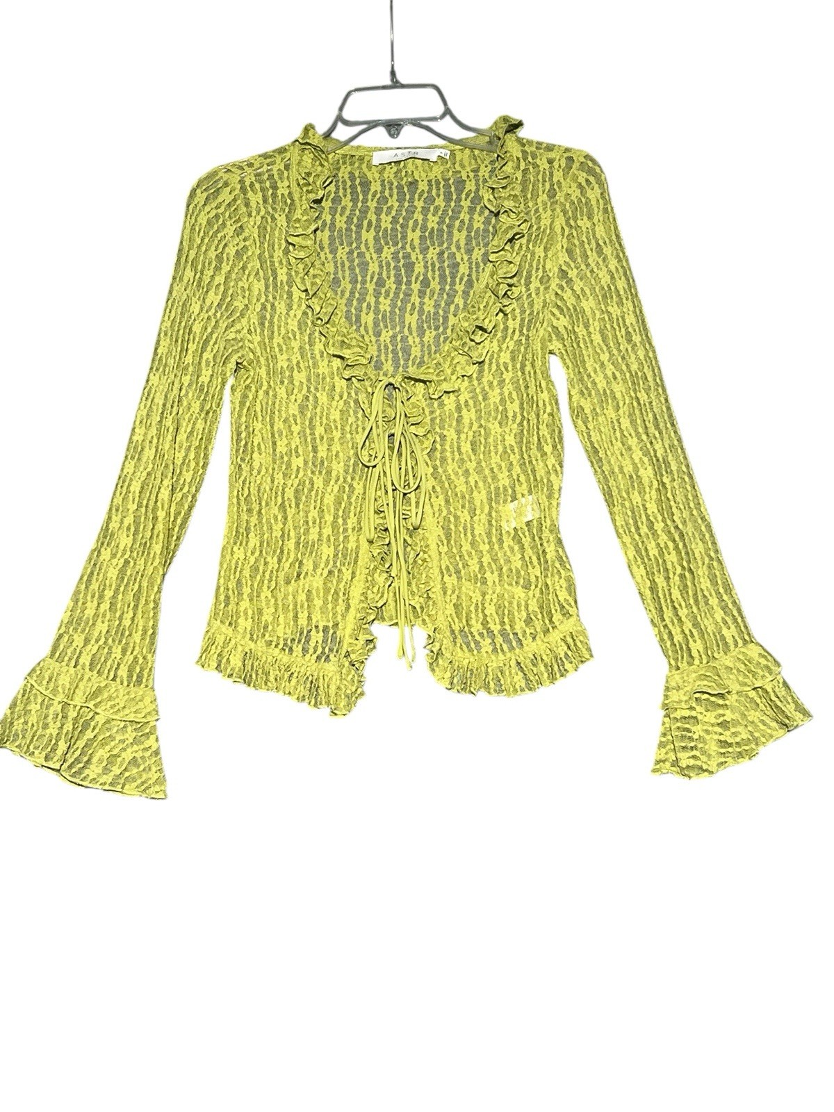 ASTR THE LABEL Chartreuse Green Lace Tie Front Blouse Flounce Sleeve Avocado S