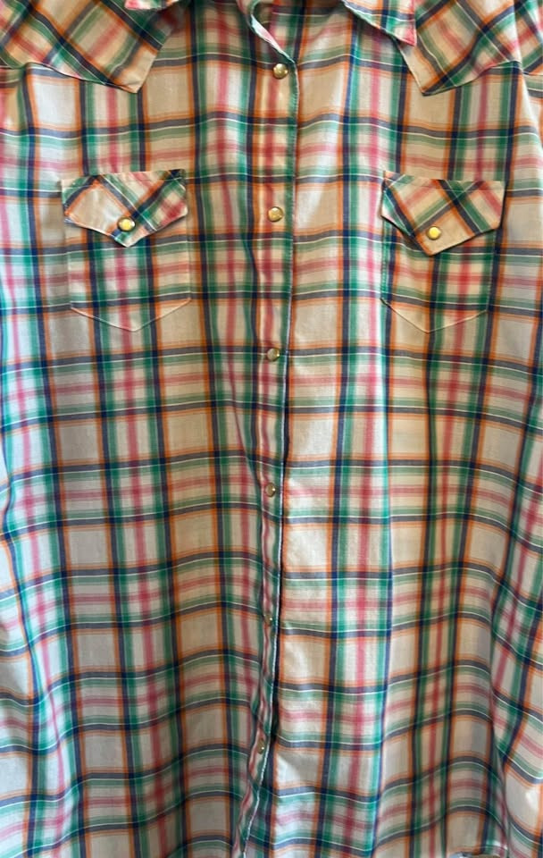 Women’s XL Wrangler Blue Green White Brown Pink Pearl Button Down Plaid Shirt