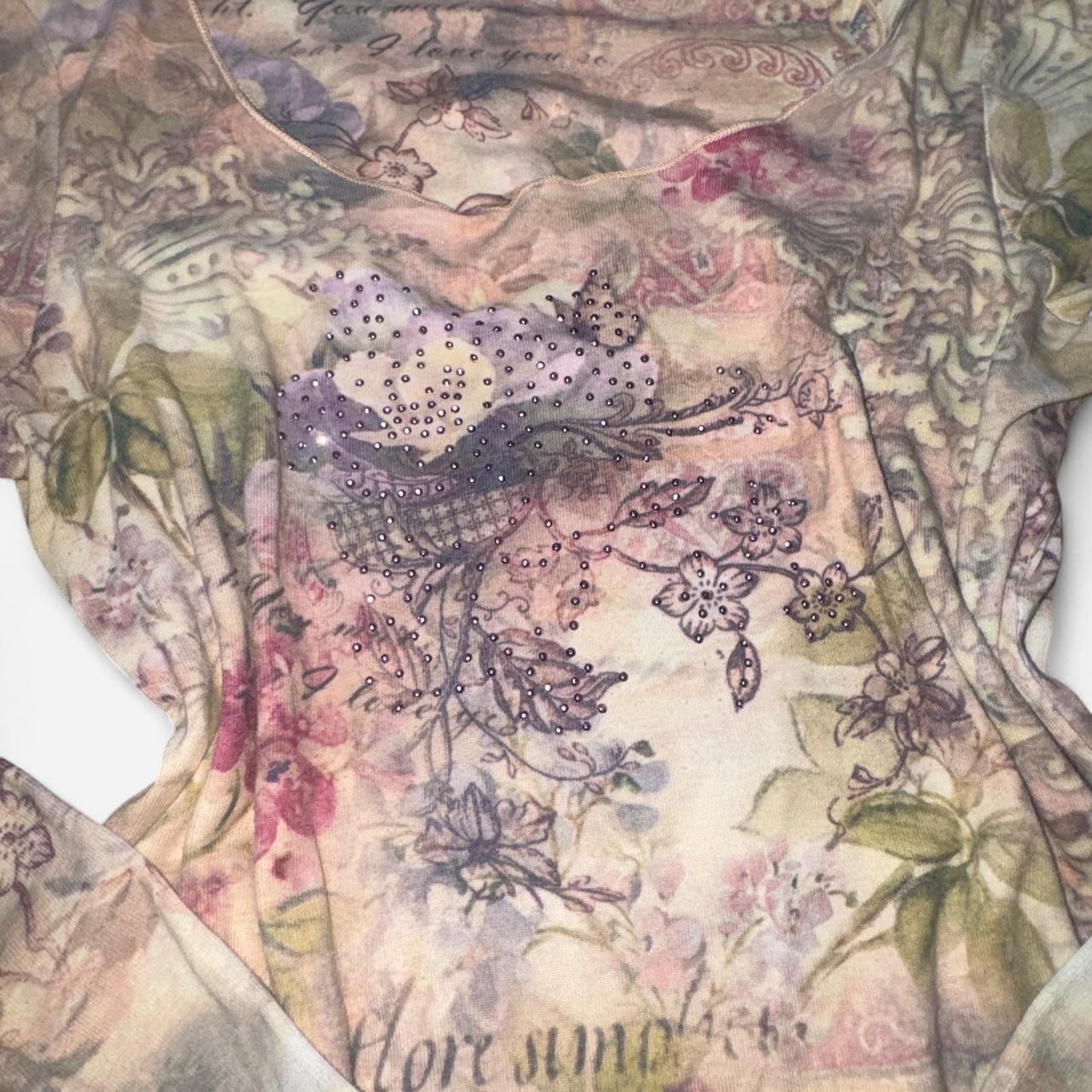 Vintage Y2K Unity World Wear Fairycore Rhinestone Bird Floral Mesh Top | M