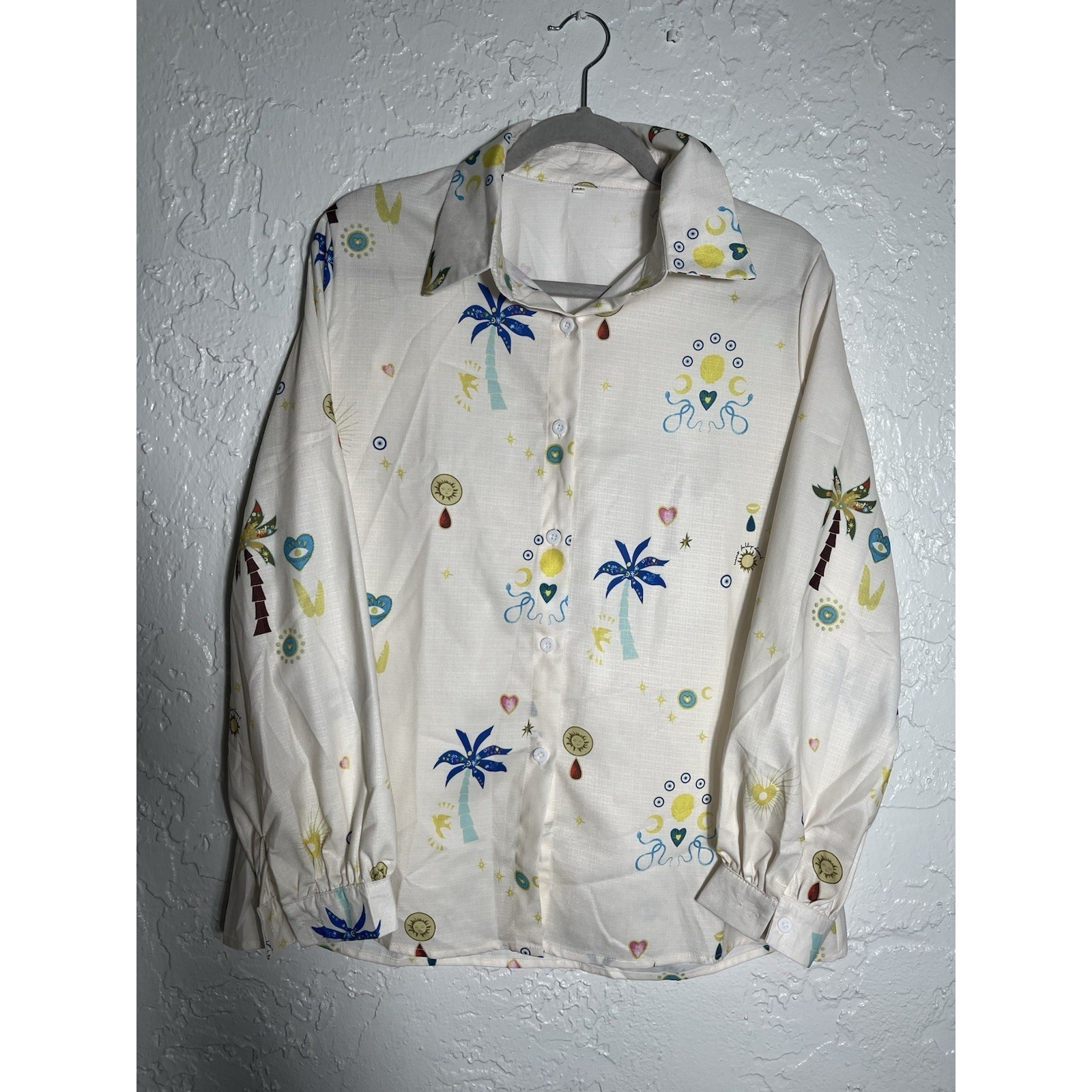 Linen Blend Celestial Print Button Up Blouse Women’s Medium Boho Cottagecore