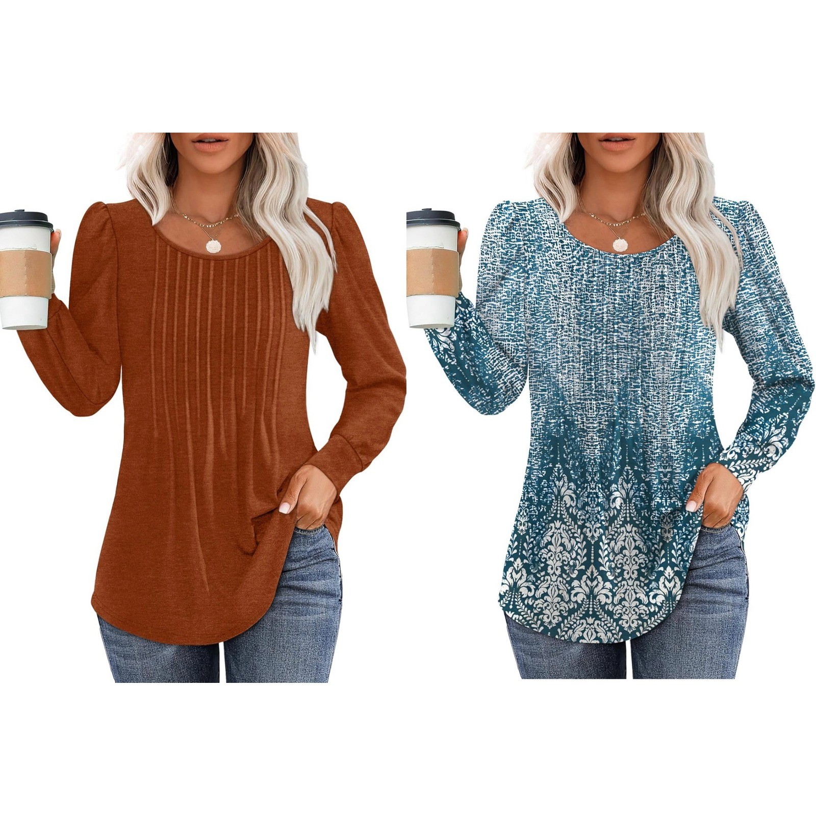 OFEEFAN Blouse Pintuck Pleated Tunic Medium Blue Rust Long Sleeve Bundle (2) NEW