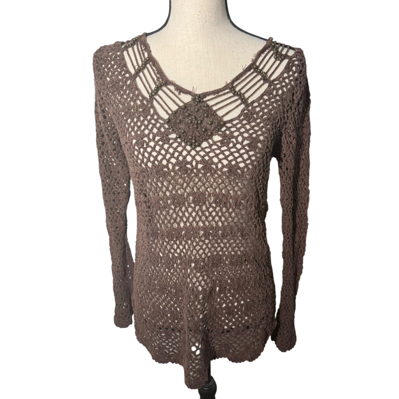 Crochet Knit Top Brown Beaded Embellished Long Sleeve Bohemian Blouse Small