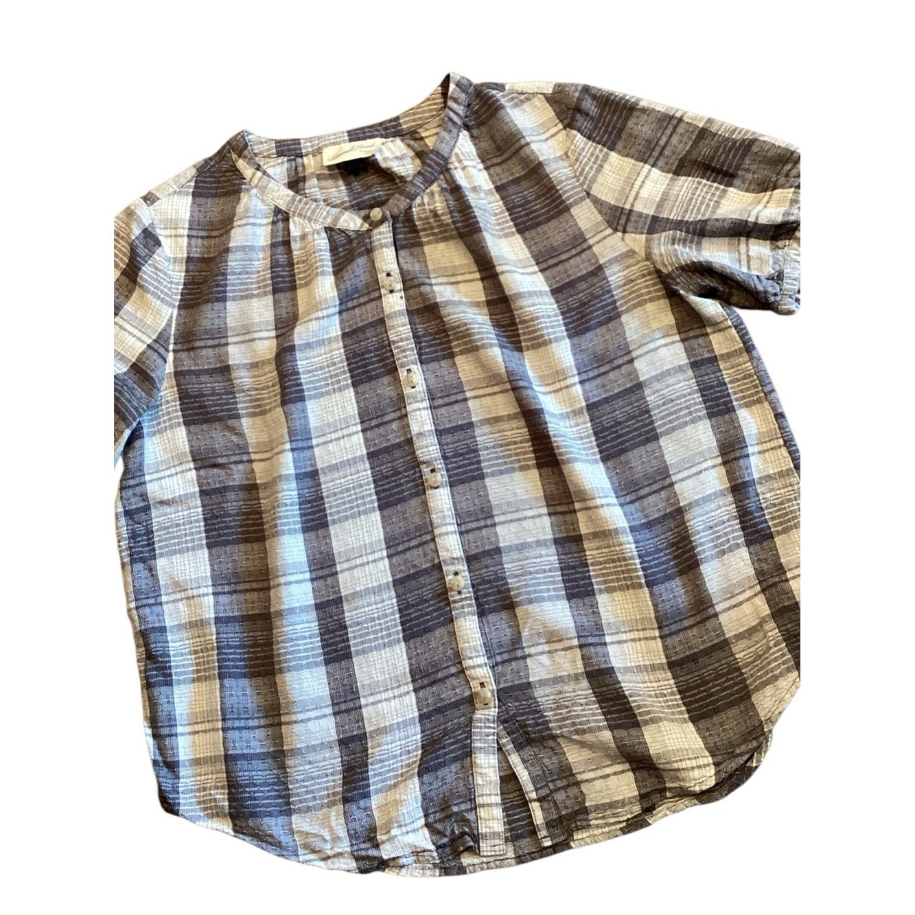 Universal Thread Gray Plaid Textured Button Front Blouse Puff Sleeve Top Medium