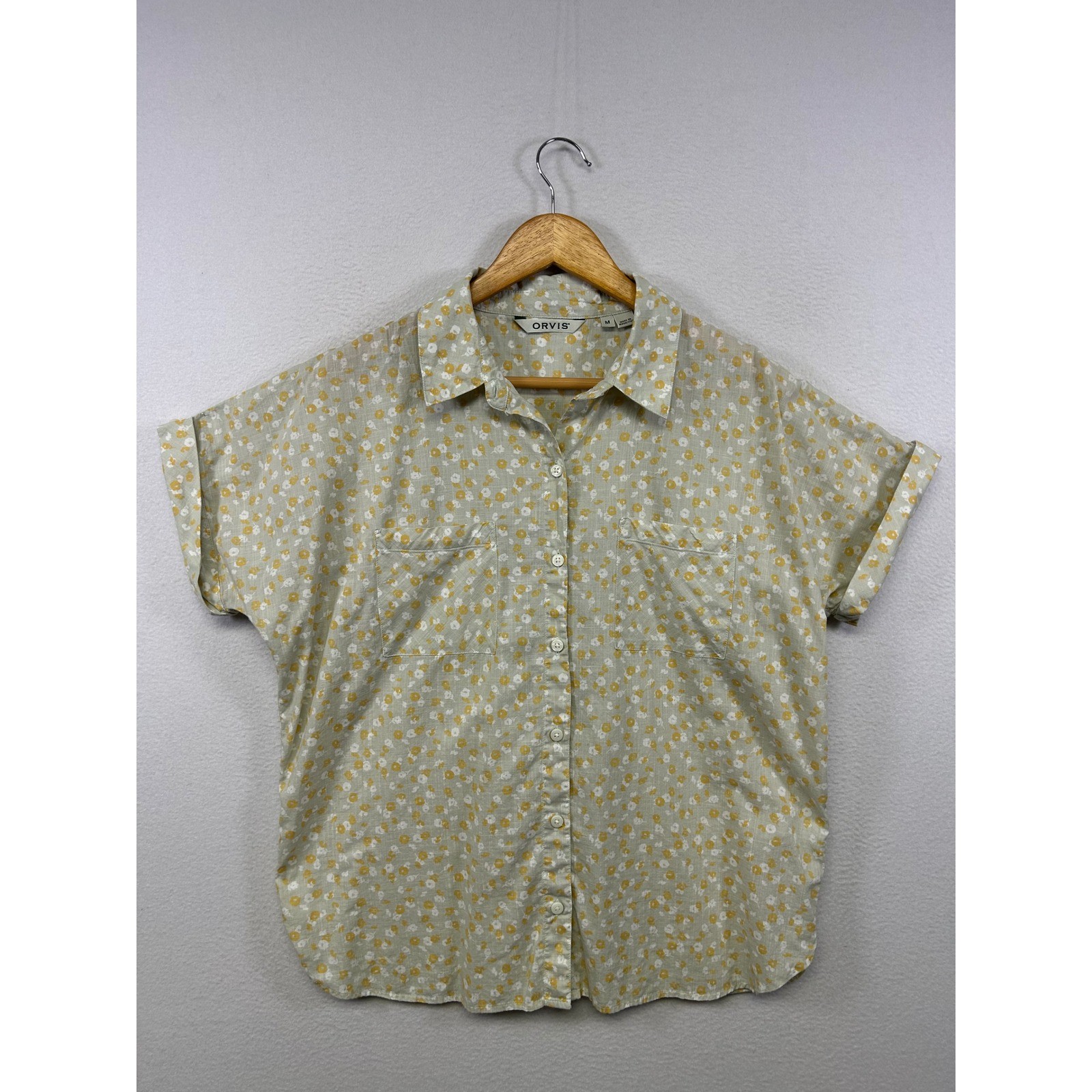 Orvis Cottagecore Floral Women Medium Green Yellow Short Sleeve Button Up Shirt