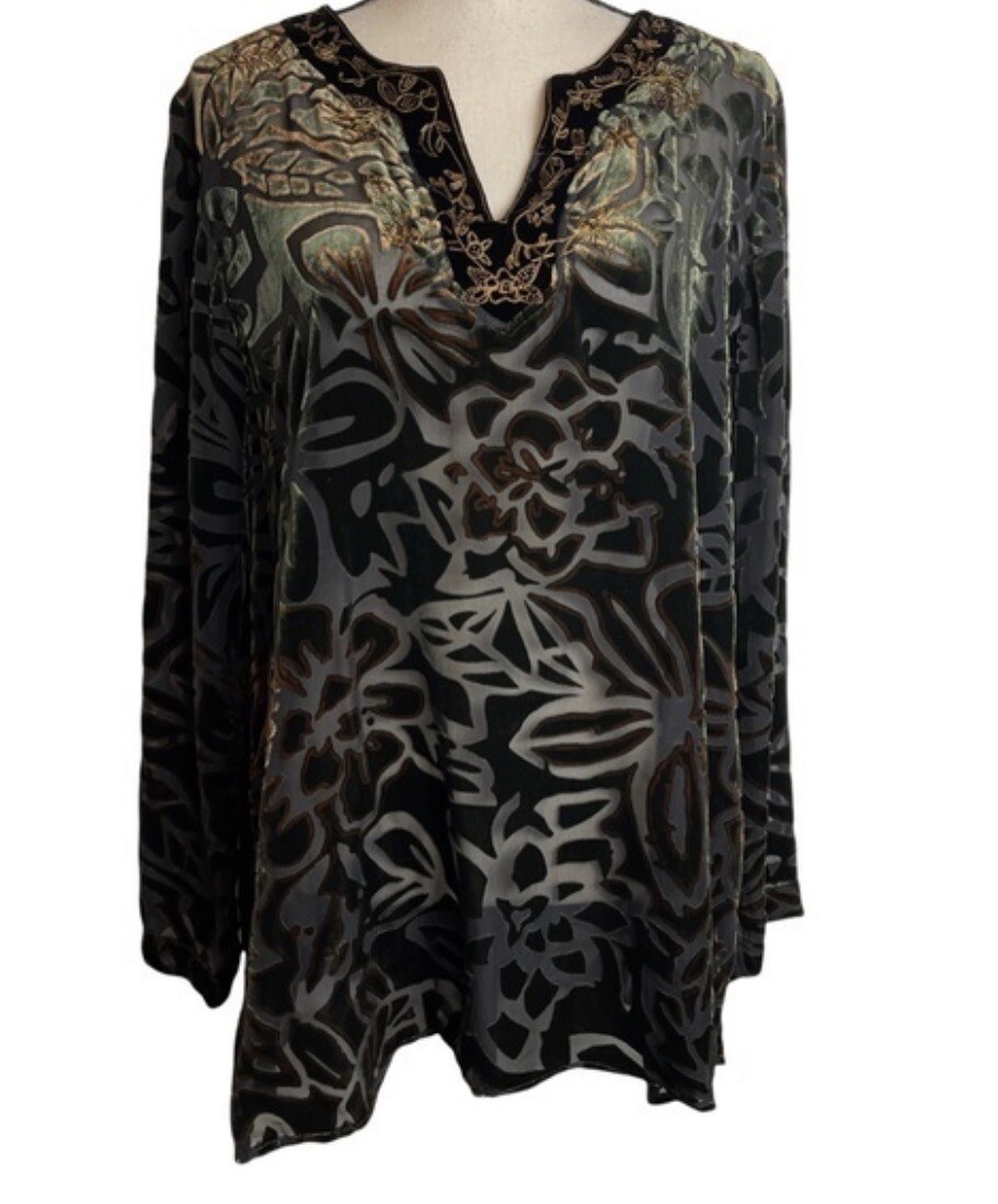 Chico’s Juniper Curry Tunic Velvet Burnout Top Gold Beads Split Hem Size M