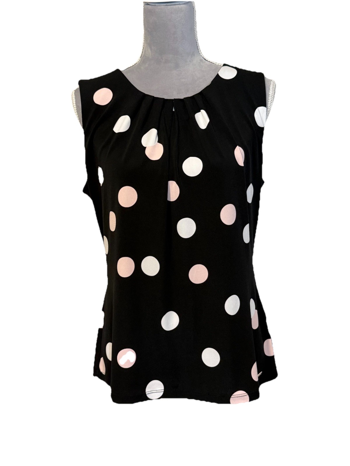 Calvin Klein Women’s Black Pink White Polka Dot Pleated Sleeveless Blouse Top LG