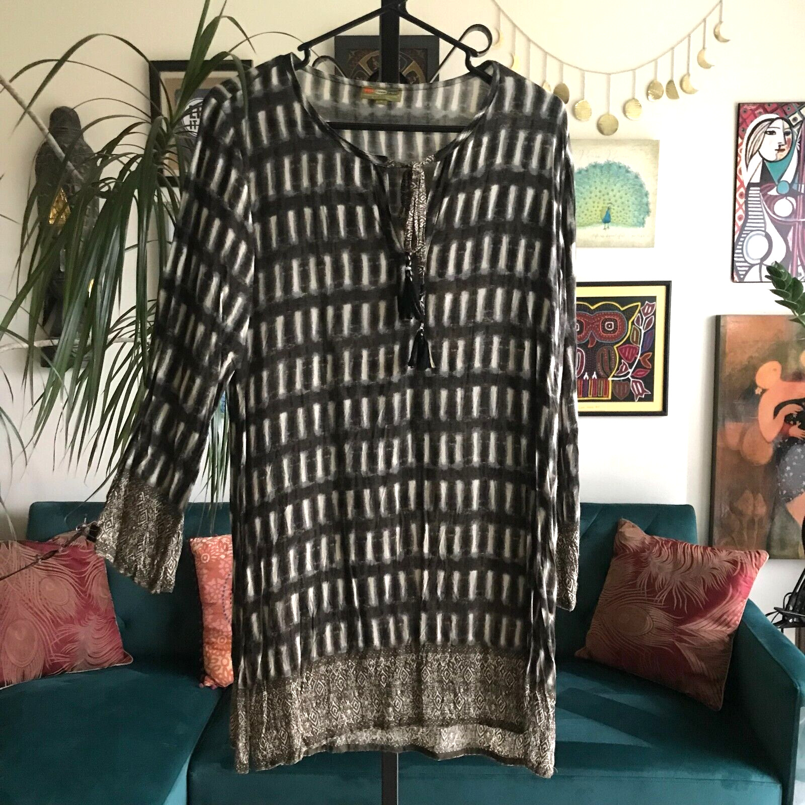 ROCK FLOWER PAPER size M / L Green Indian Block Print Boho Tunic Top Tasseled