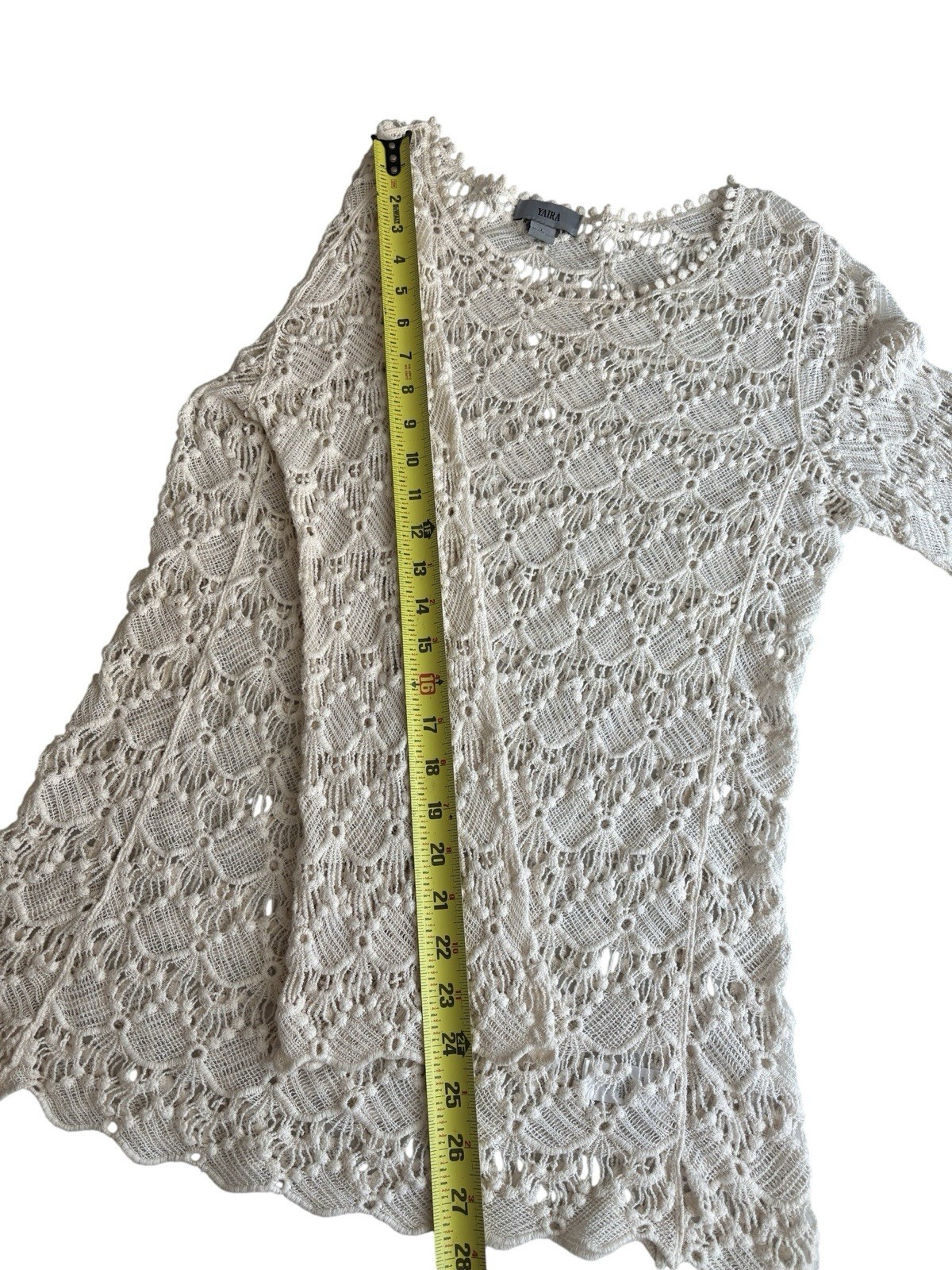 Yaira Cream Crochet Lace Long Sleeve Top Blouse Pom Pom Trim Size L 100% Cotton