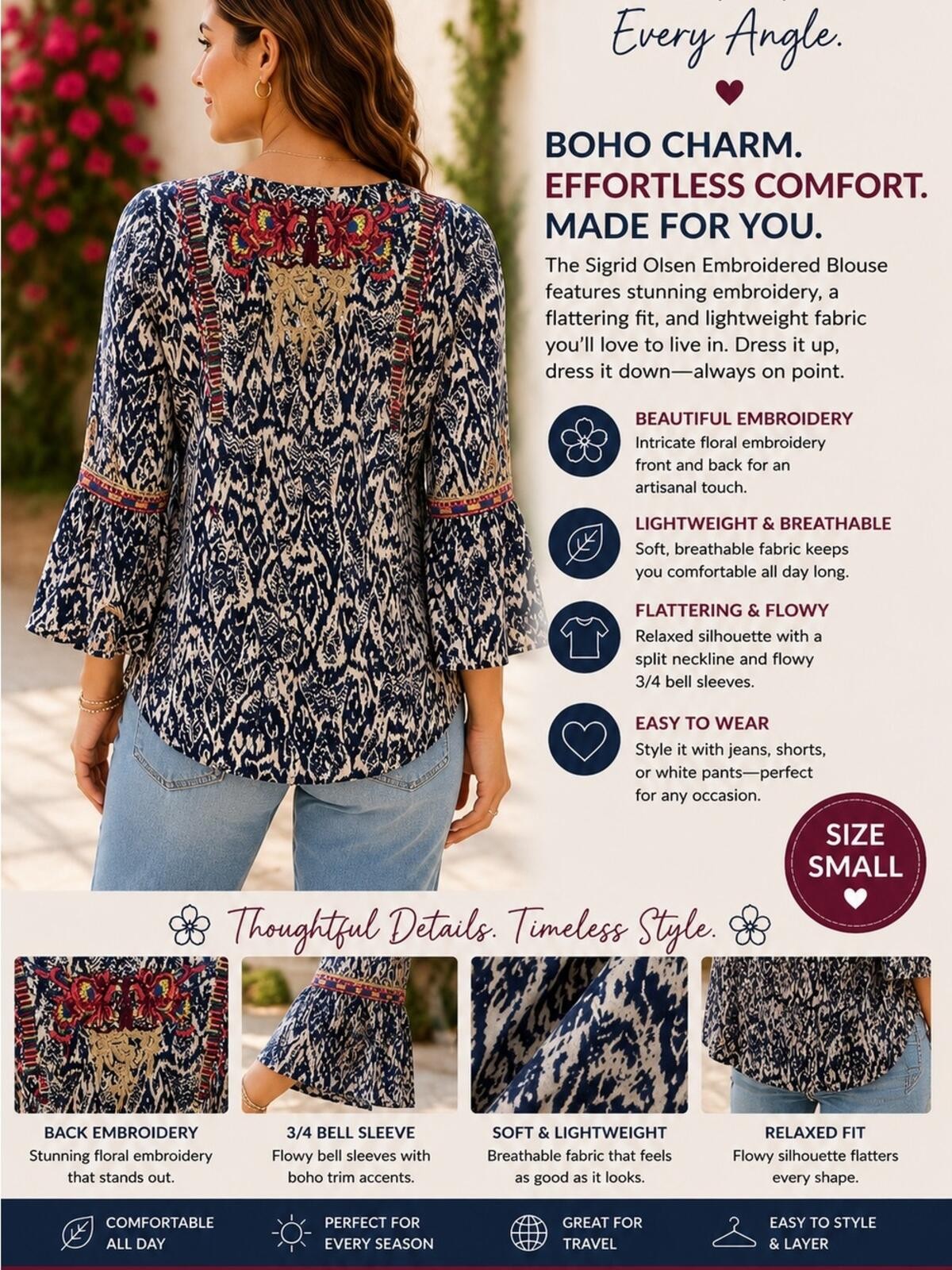 Sigrid Olsen Navy Multicolor Embroidered Peasant Blouse