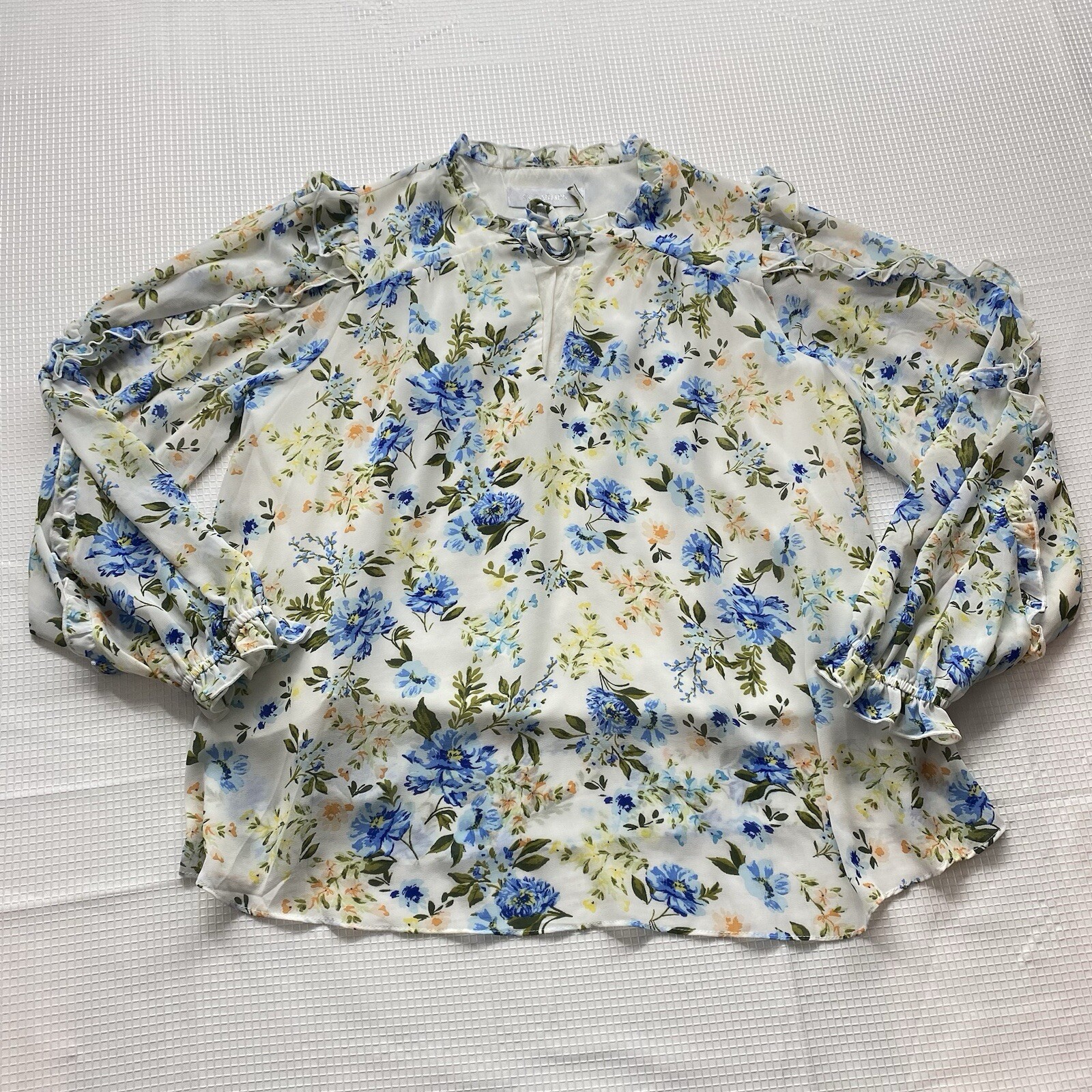 Sugar Lips Blouse Womens Small Balloon Sleeve Blue Floral V-Neck Ruffle Top