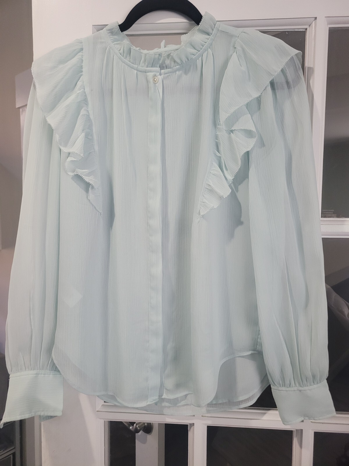 Ann Taylor Lt Teal Ruffle Front And Neck Feminine Blouse Hidden Placket Sz XS