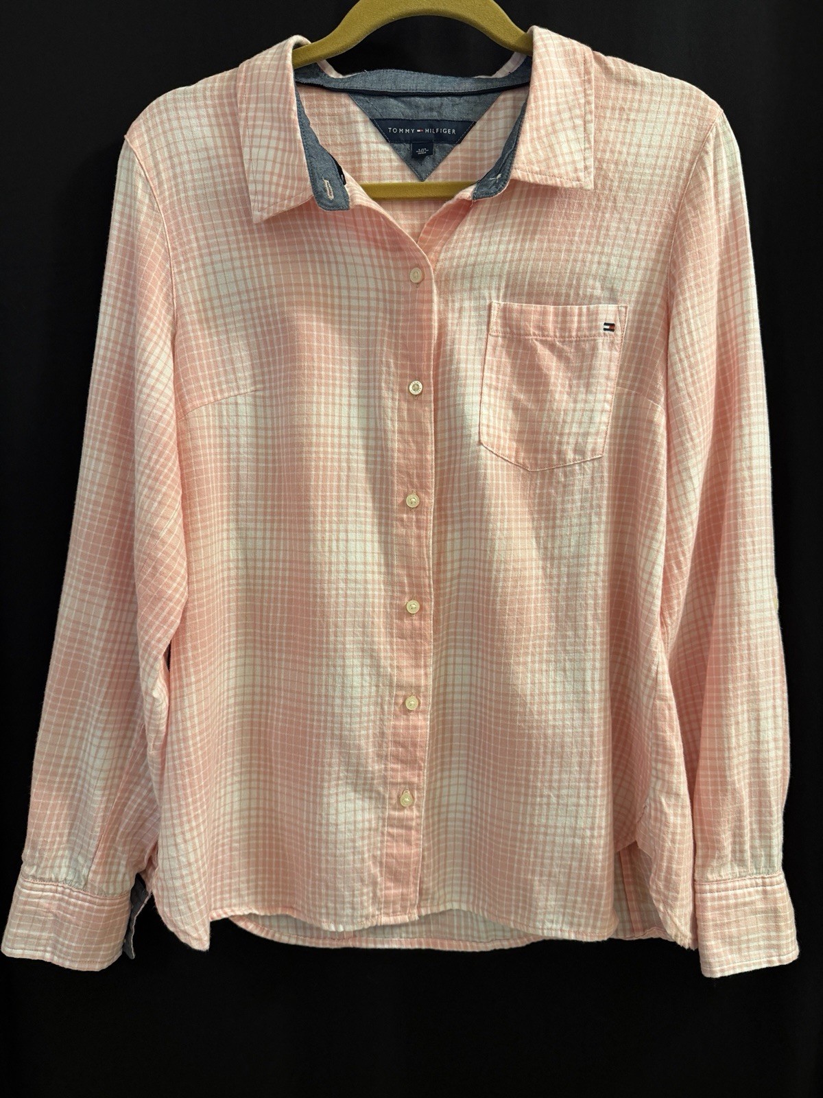 Women’s Long Sleeve Button Up Tommy Hilfiger 100% Cotton L Pink & White Casual