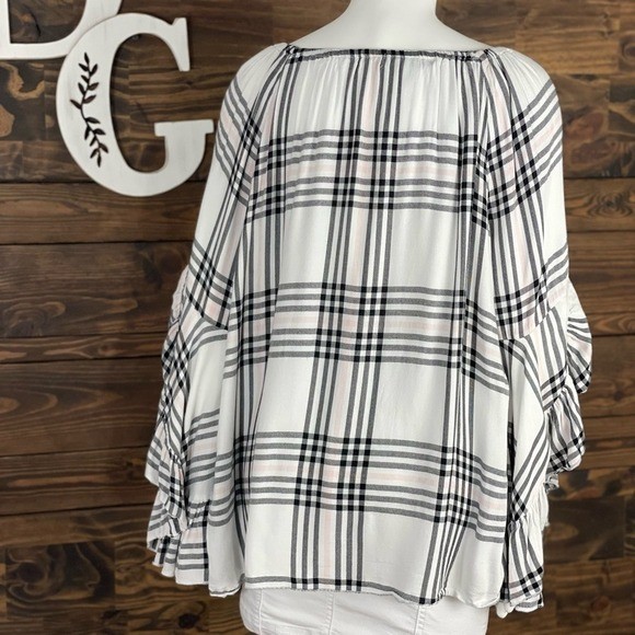Fever | Off Shoulder Plaid Blouse Ruffle Bell Sleeve Ruffle Trim
