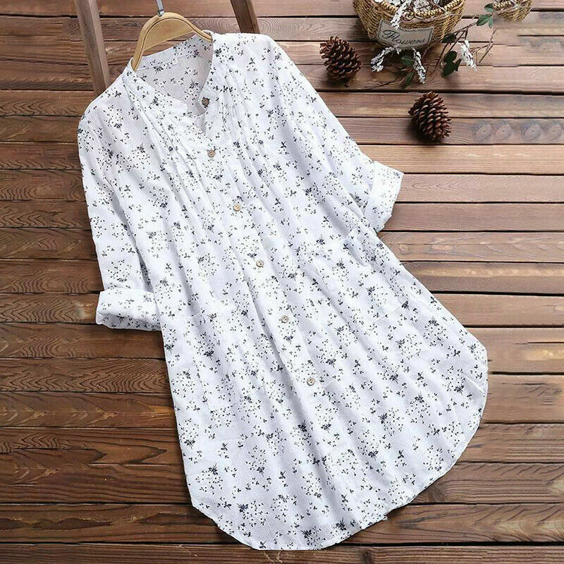1x Women Linen Cotton T-Shirt Dress Lady Casual Baggy Tops Tunic Blouse Plus GD