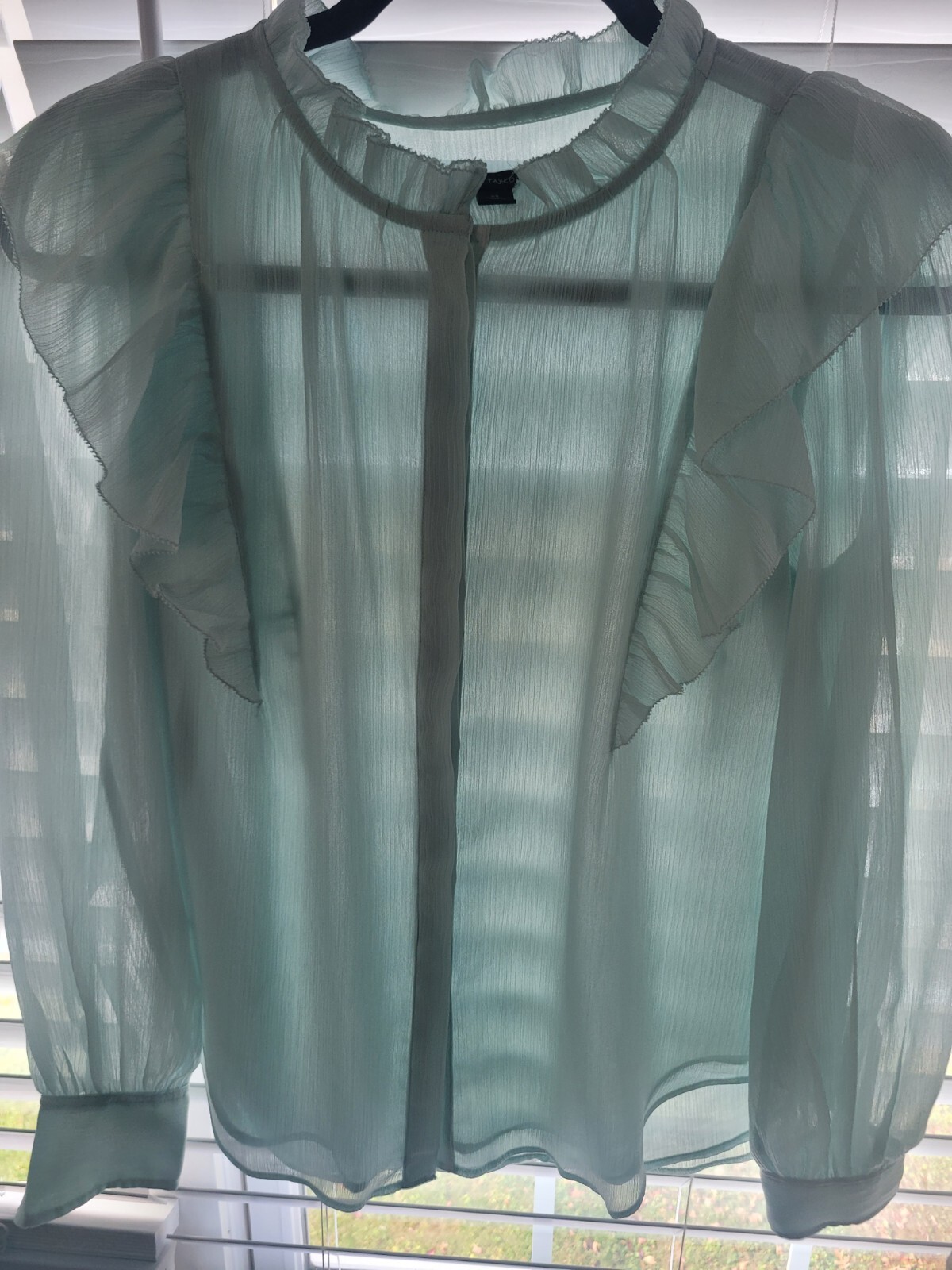 Ann Taylor Lt Teal Ruffle Front And Neck Feminine Blouse Hidden Placket Sz XS