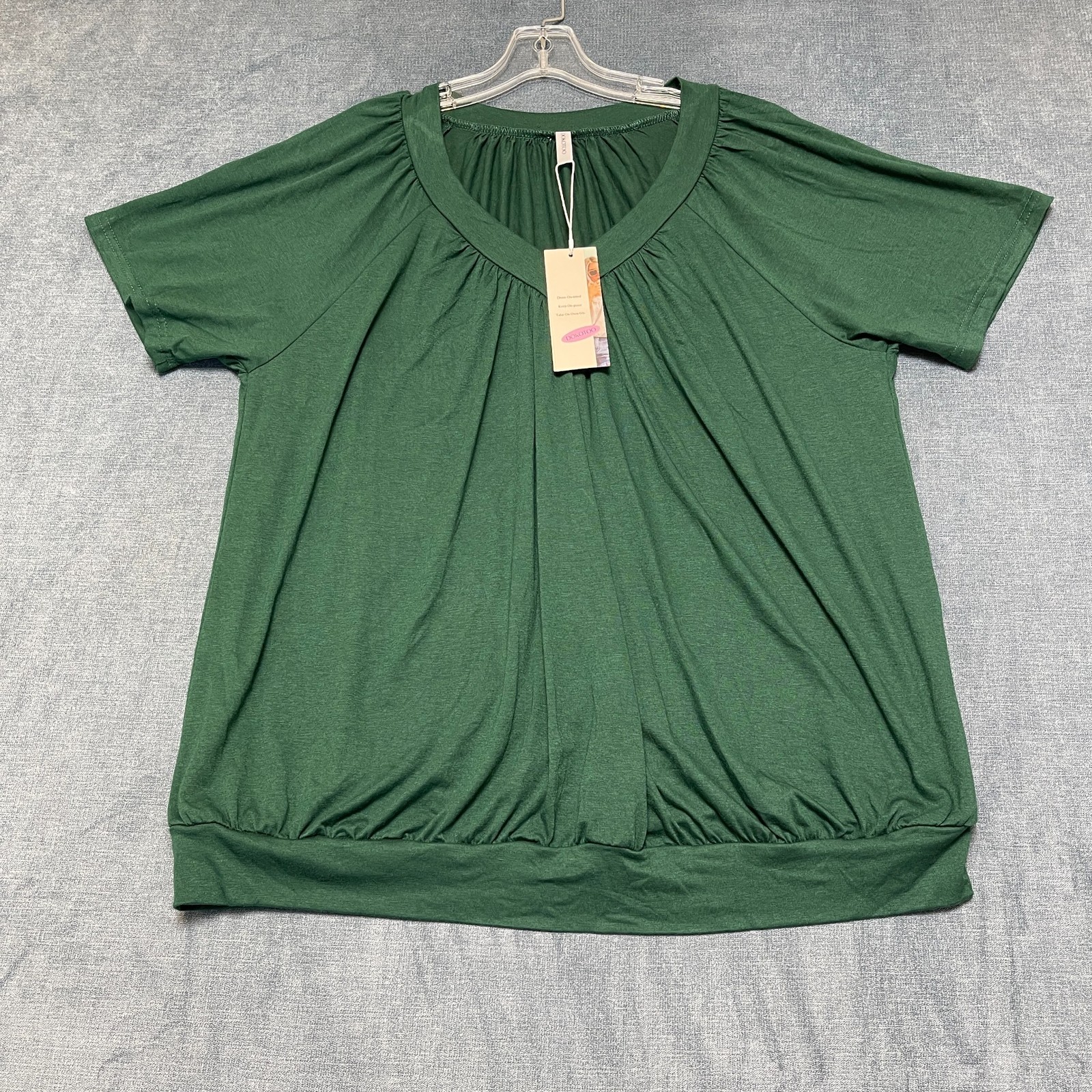 Dokotoo Blouse Top Womens XL Dark Green Summer Wear Pleated V-Neck Shirred Hem