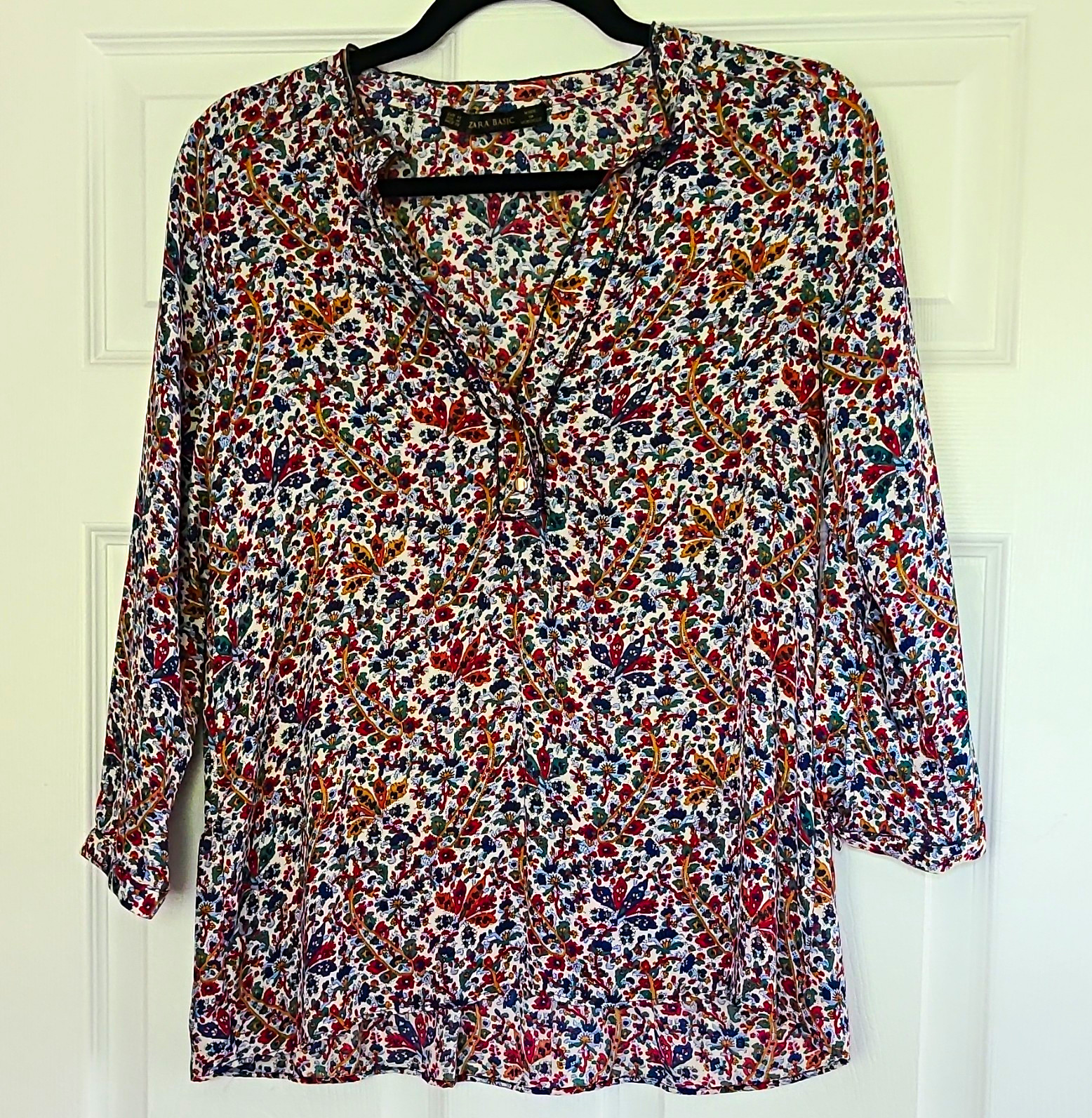 ZARA BASIC Womens Blouse M Multicolor Floral 3/4 Sleeve V-Neck Button