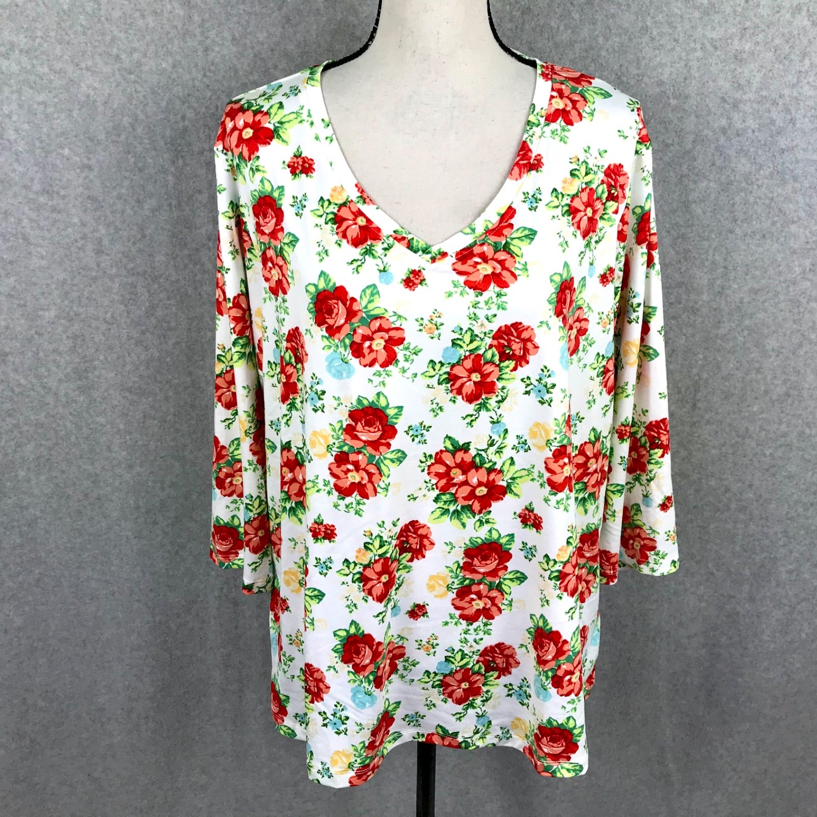The Pioneer Woman Floral Blouse Tunic Top XL Bloomcore 3/4 Sleeve Pullover